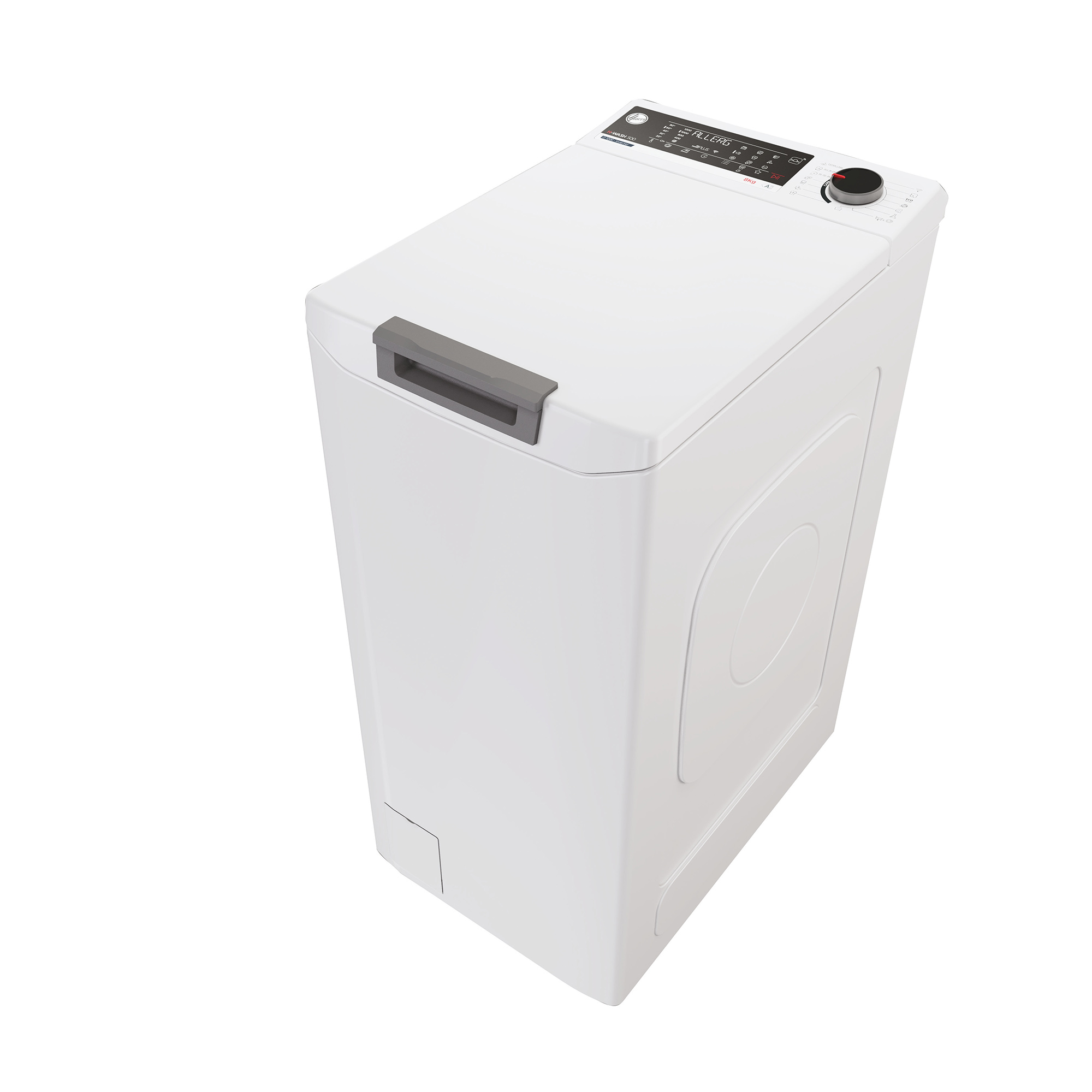 Una lavadora de carga superior blanca. La parte superior tiene un panel de control y una manija gris.