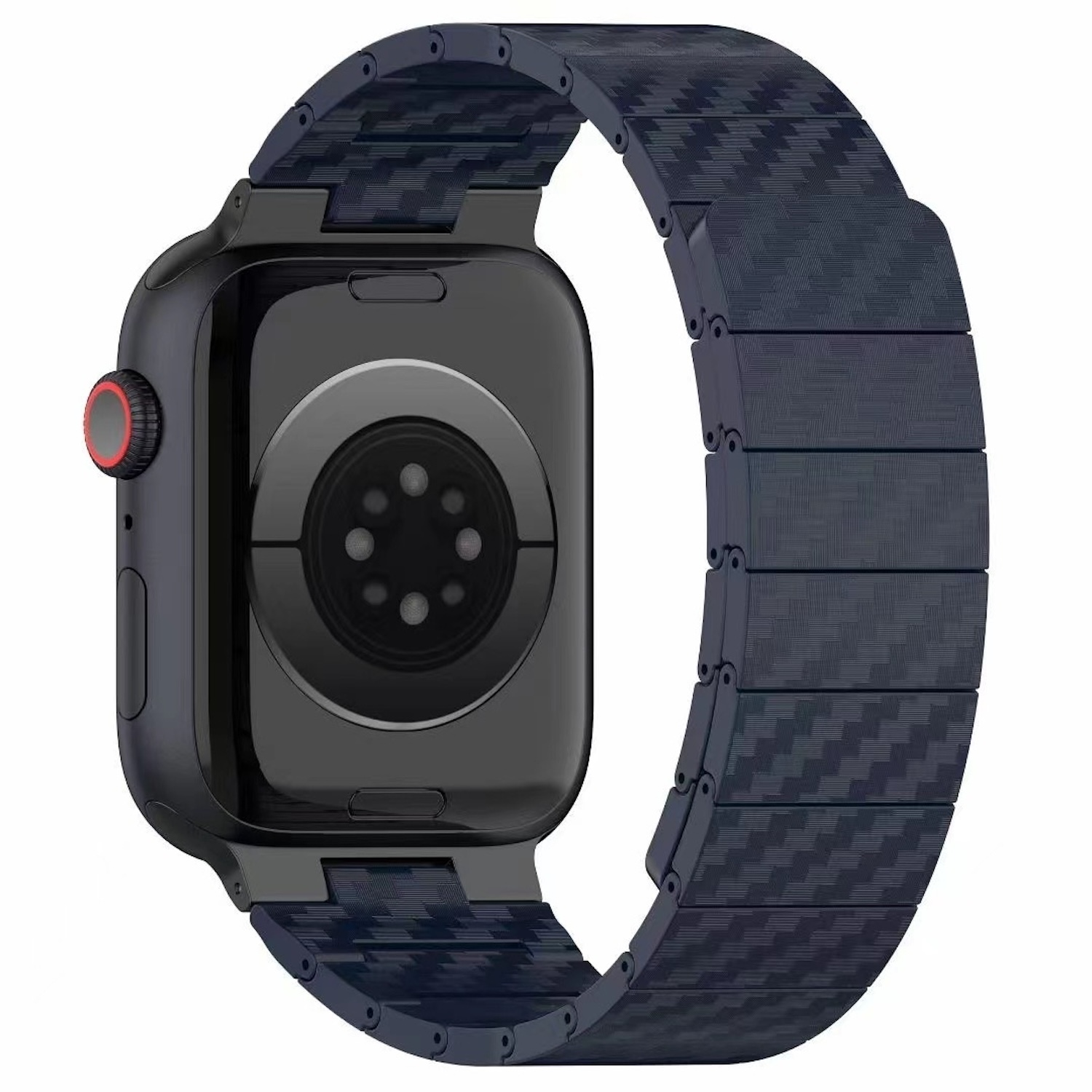 Eine schwarze Apple Watch mit einem dunkelblauen Metallband. Die Uhr ist dem Betrachter zugewandt.