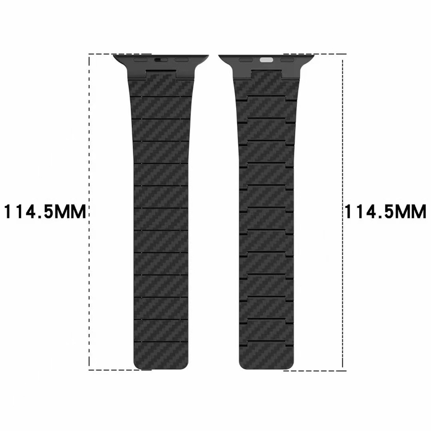 Zwei schwarze Uhrenarmbänder nebeneinander, mit Größenangaben. Sie haben Karbonfaserstruktur.