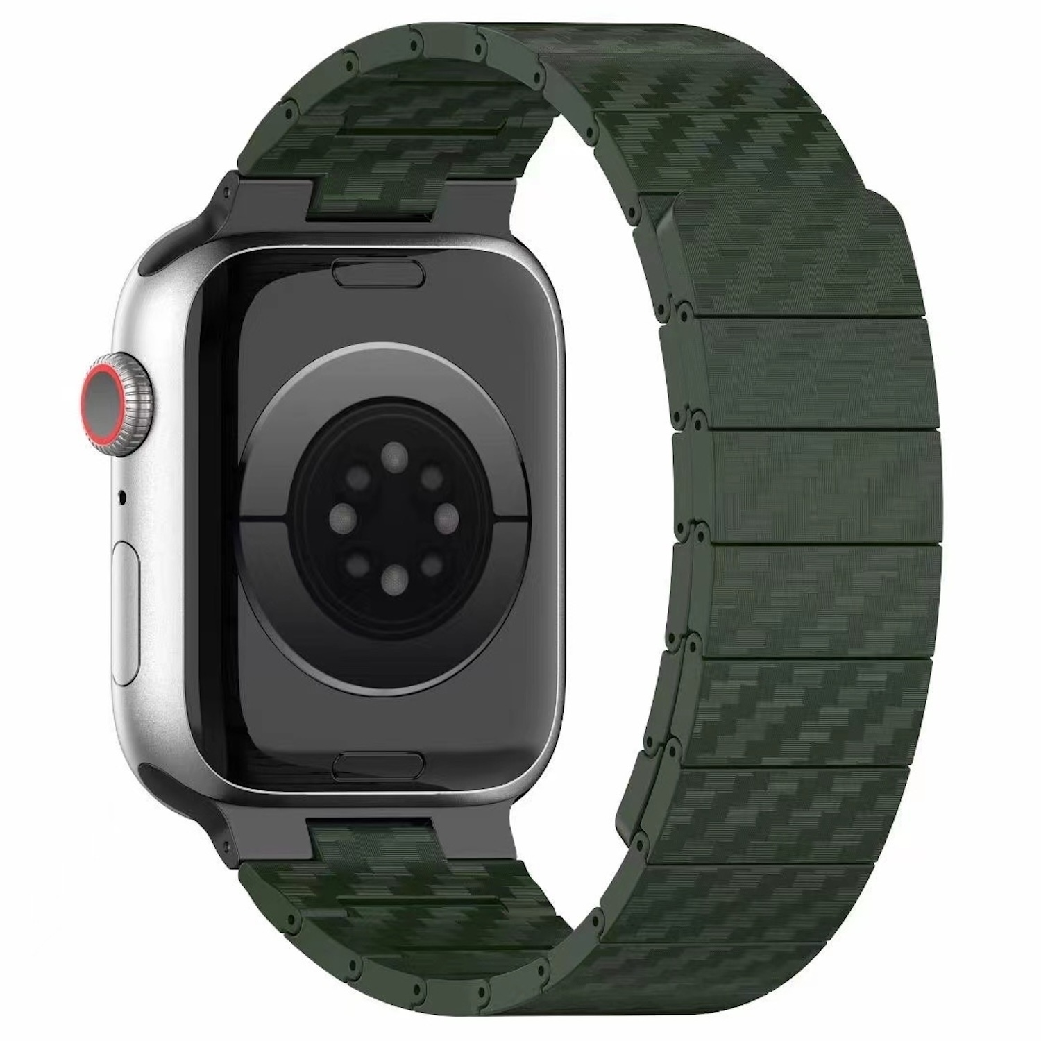 Apple Watch mit dunkelgrünem Armband. Die Uhr befindet sich auf weißem Hintergrund.