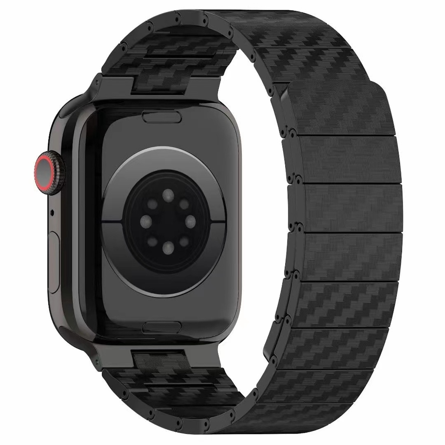 Schwarze Apple Watch mit schwarzem Metallarmband. Die Uhr ist abgewinkelt, um die Rückseite zu zeigen.