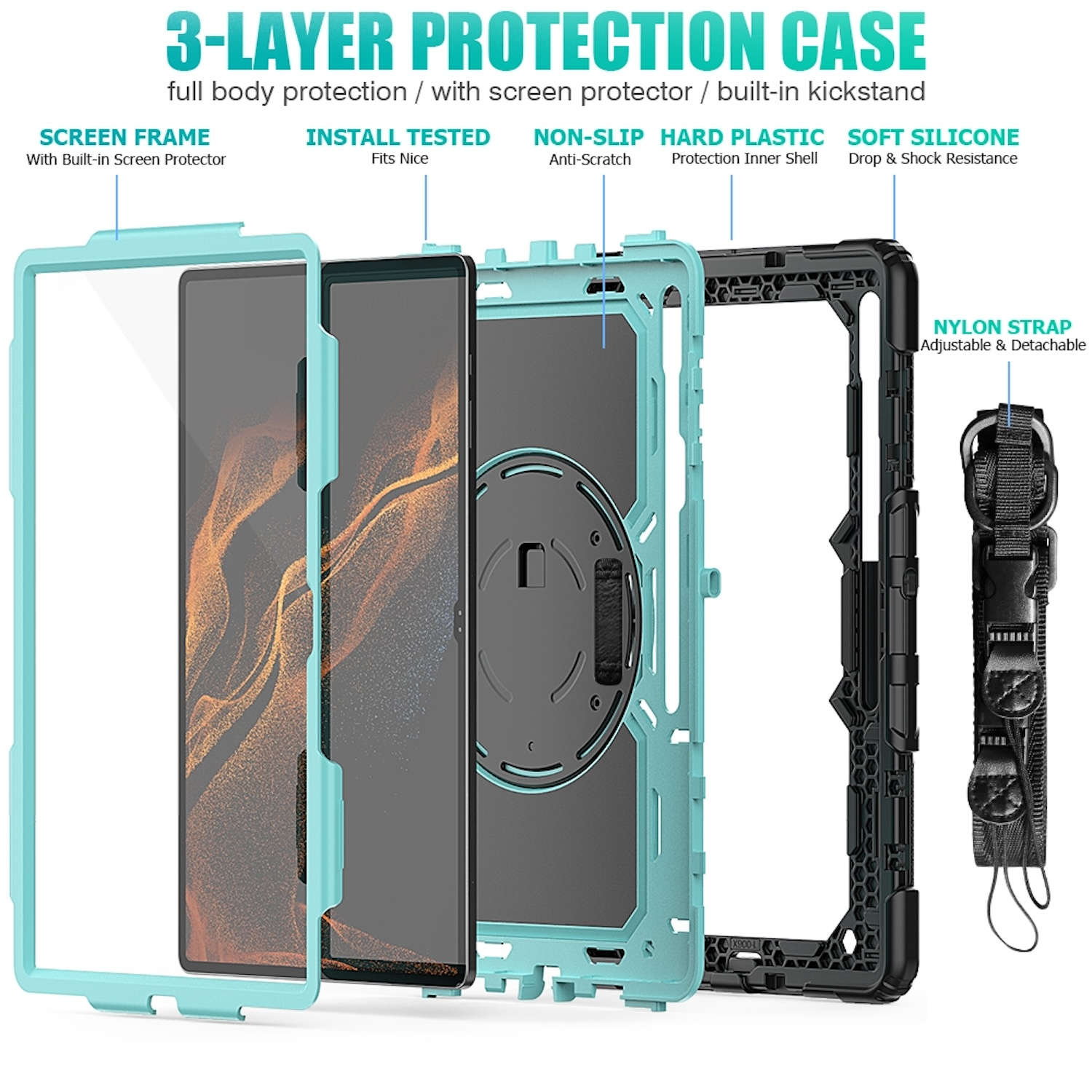 Una funda protectora de tableta desmontada con capas: marco de pantalla, probado, plástico duro, silicona suave, correa de nailon.