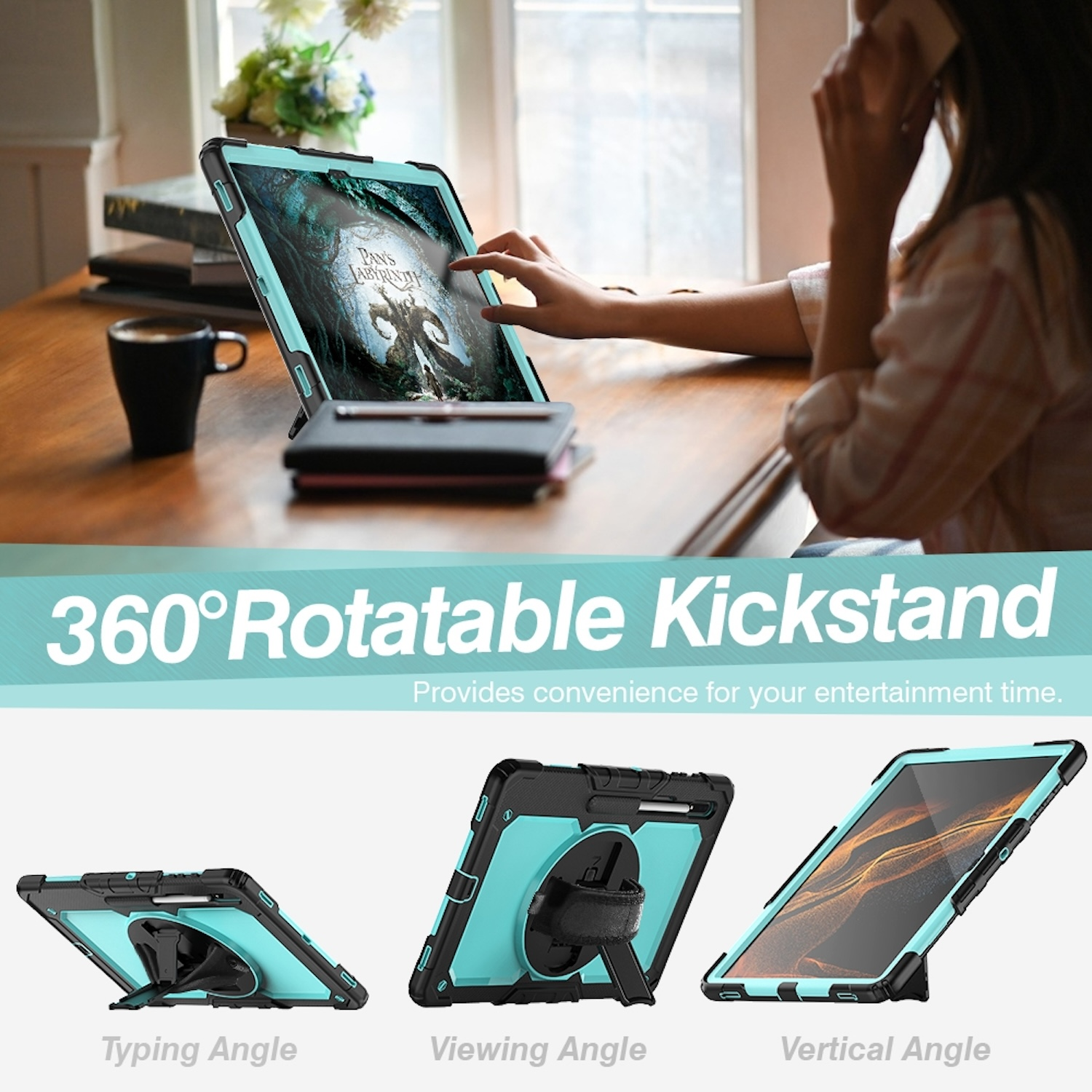 Una tableta en una funda color turquesa con un soporte, que se muestra en diferentes ángulos, con una mujer en el fondo.