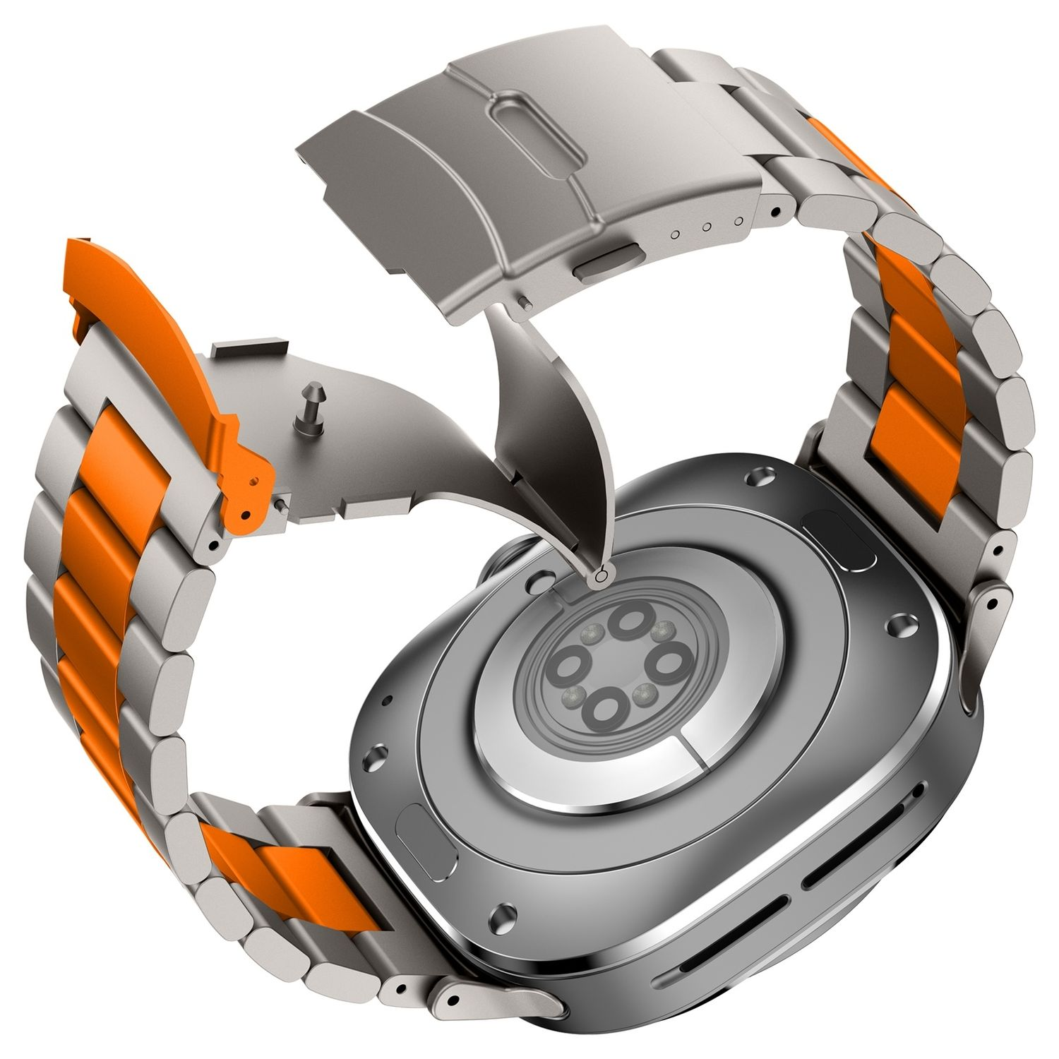 Ein silbernes Uhrenarmband mit orangefarbenen Akzenten. Das Armband ist vom Uhrengehäuse getrennt.