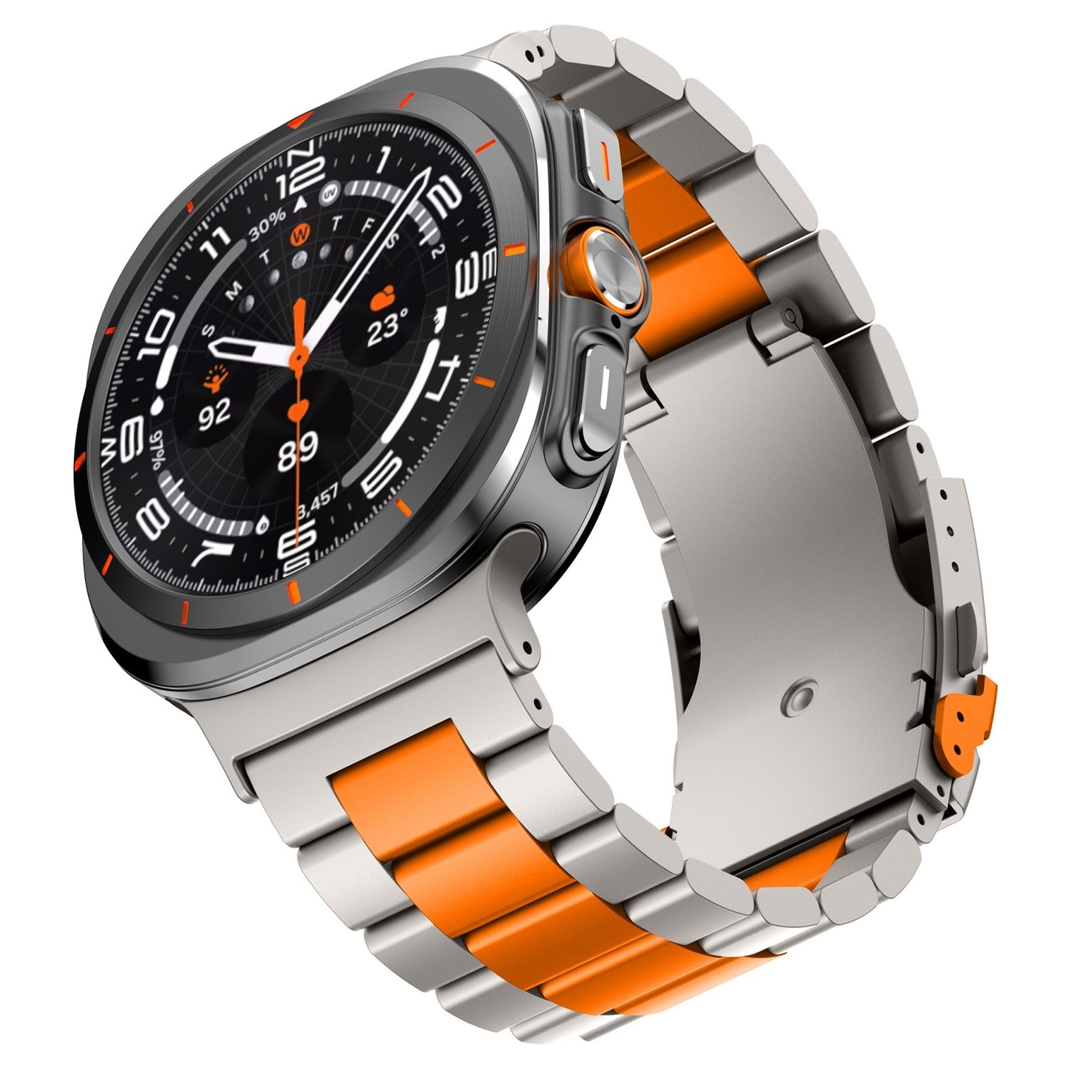 Silberne Smartwatch mit orangefarbenem Armband. Schwarzer Bildschirm zeigt die Zeit. Metallband. Weißer Hintergrund.