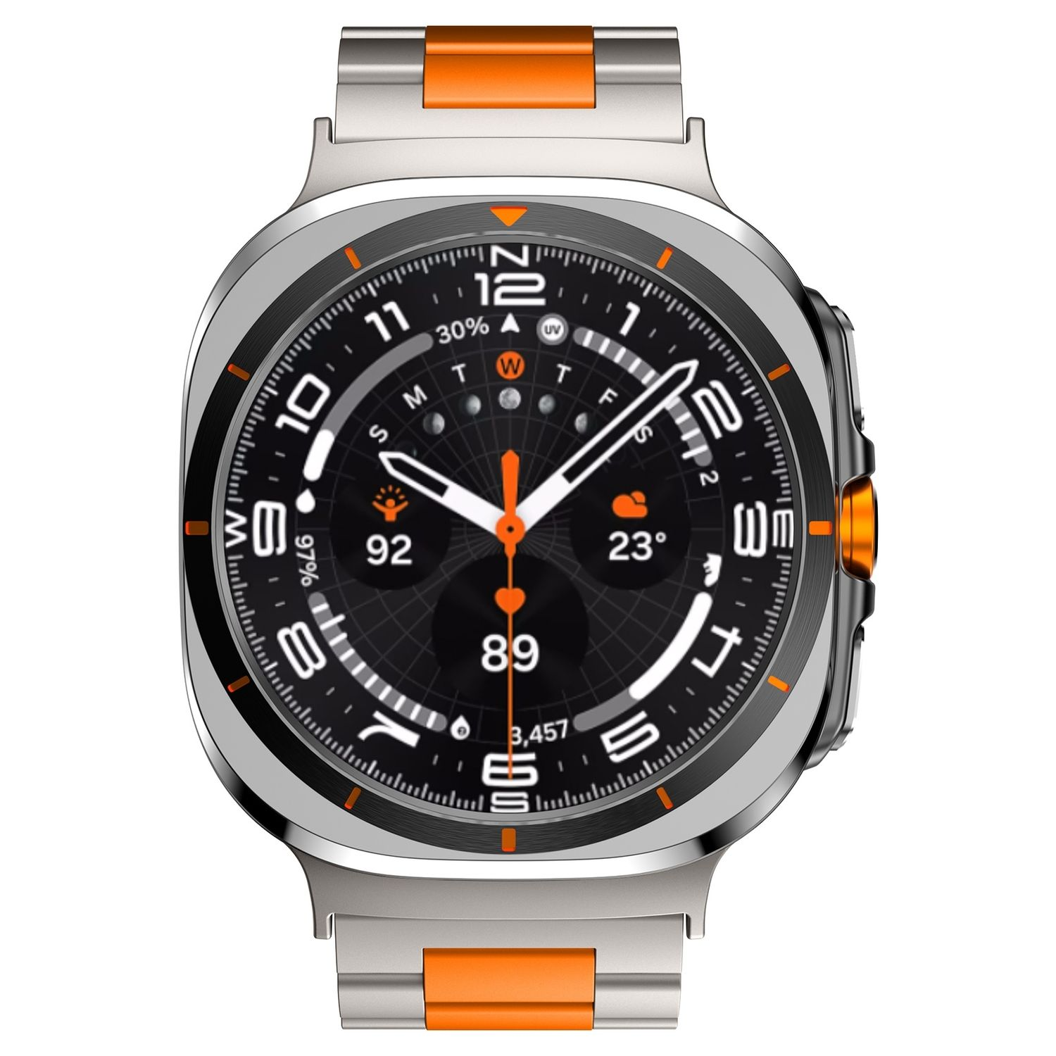 Eine silberne Smartwatch mit orangefarbenem Armband, die Zeit und andere Metriken anzeigt, vor weißem Hintergrund.