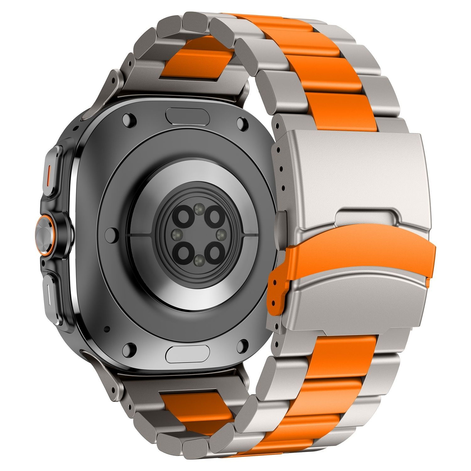 Eine Smartwatch mit silbernem Armband und orangefarbenem Akzent. Die Rückseite zeigt einen Herzfrequenzsensor.