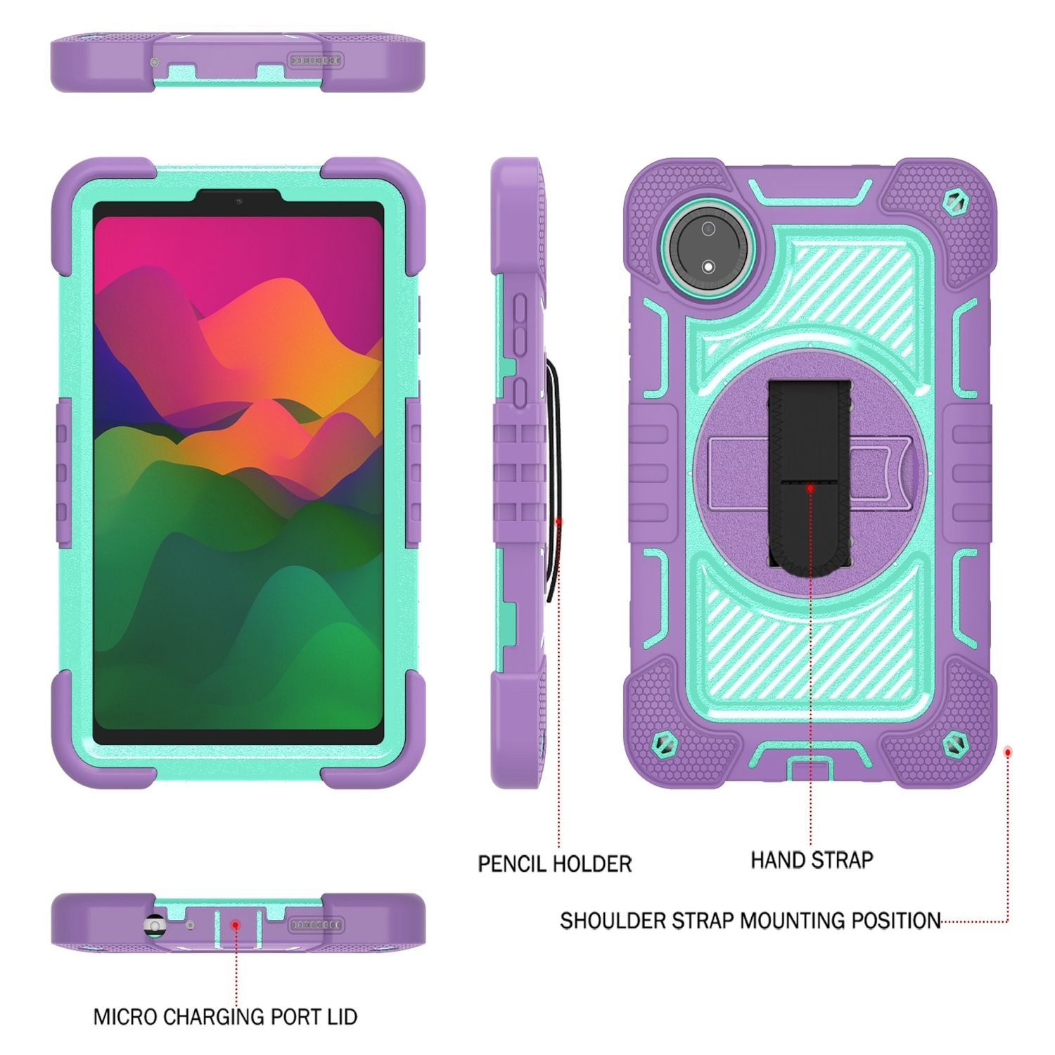 Funda para tableta en morado y verde azulado, mostrando varias vistas, incluye lápiz.
