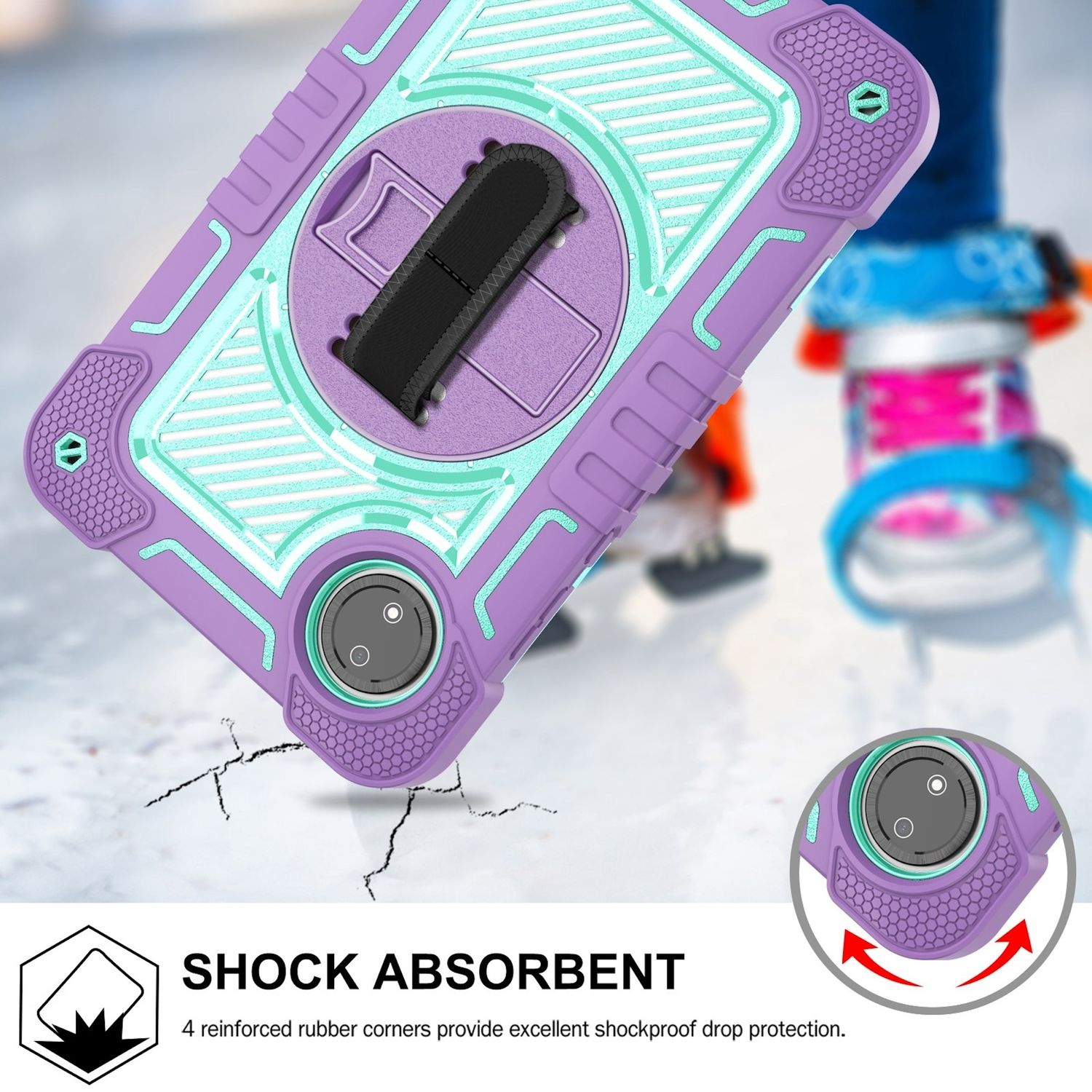 Una funda de teléfono morada con una correa de mano y un parachoques protector.