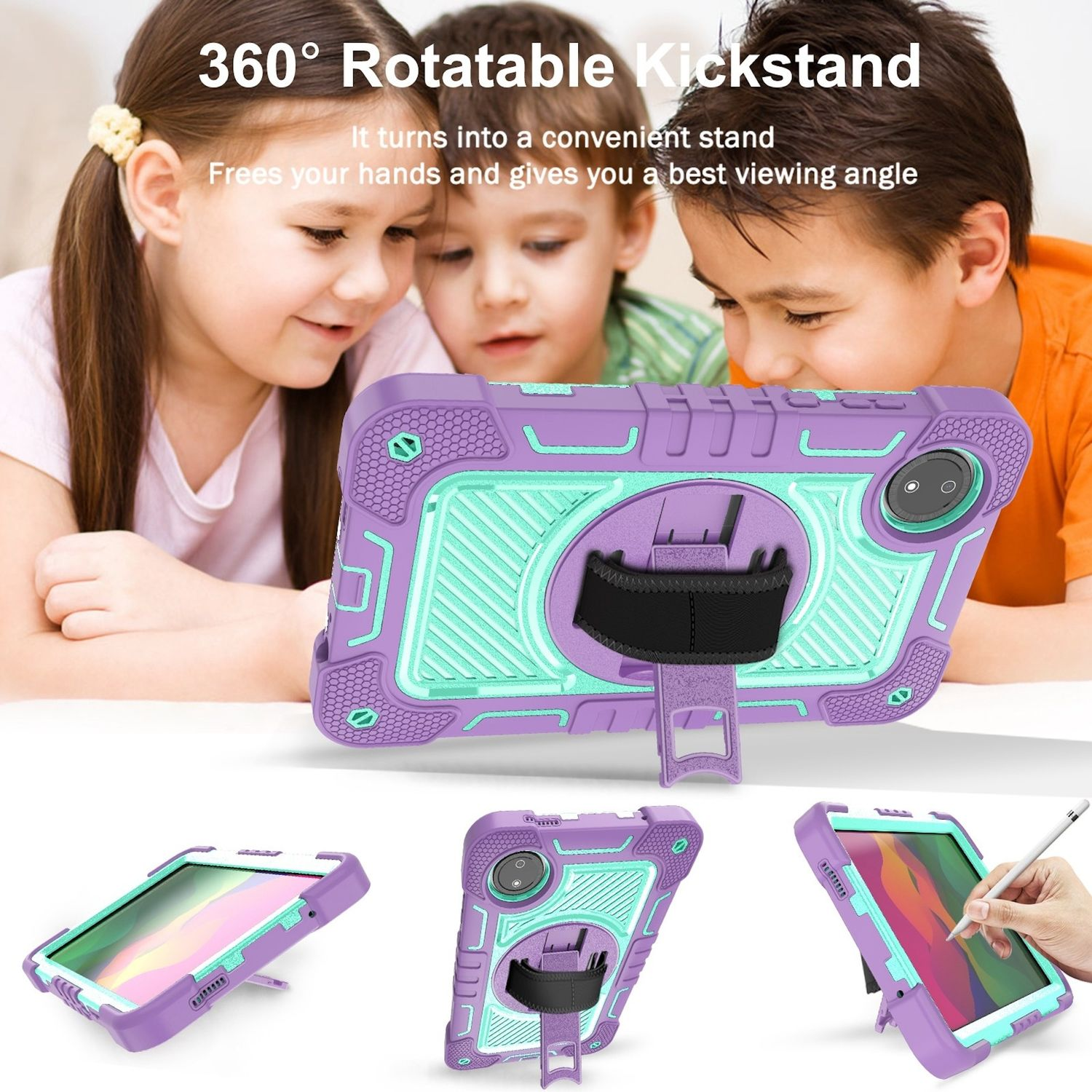 Una tableta en una funda morada y verde con soporte, y se muestran múltiples ángulos para la visualización.
