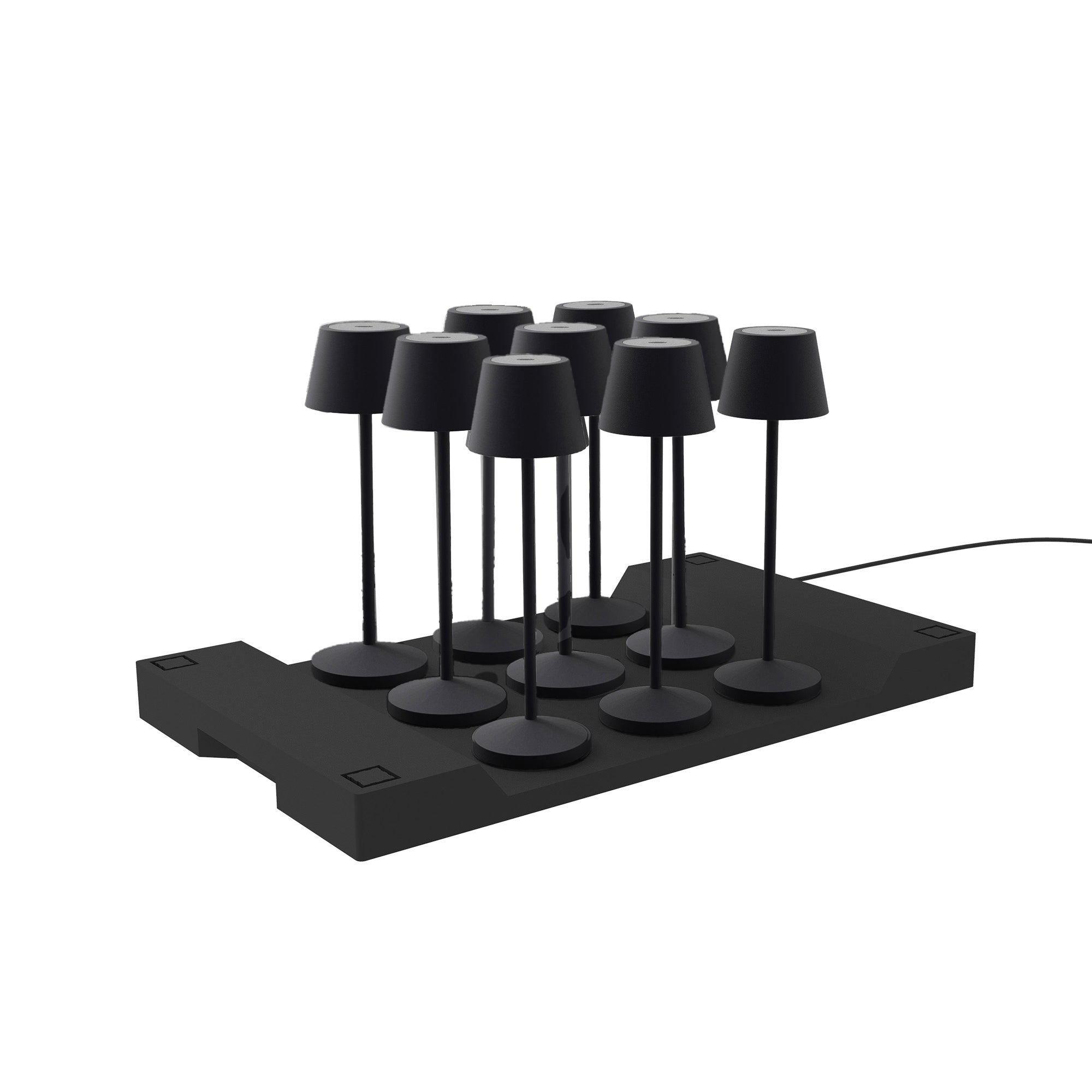 Eine Anzeige von neun kleinen, schwarzen Lampen auf einer schwarzen Plattform, weißer Hintergrund.