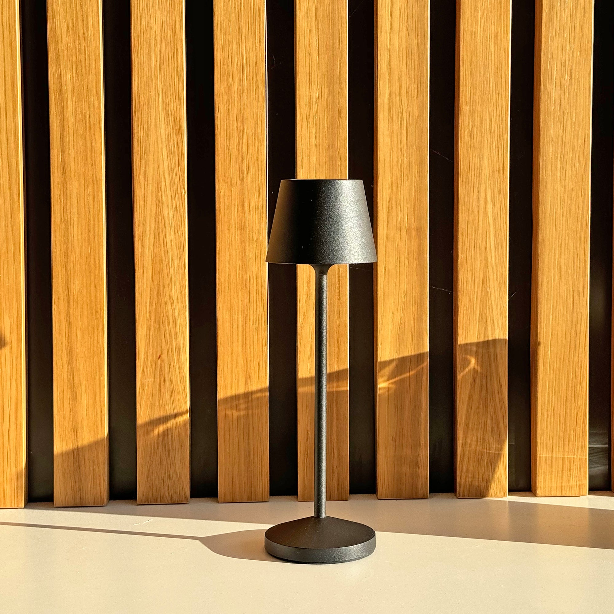 Schwarze Lampe mit schwarzem Lampenschirm steht vor Holzpaneelen. Es ist isoliert.