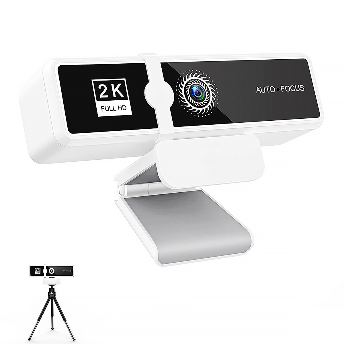 Weiße Webcam mit schwarzem Bildschirm. Sie hat ein Stativ und steht auf weißer Oberfläche.