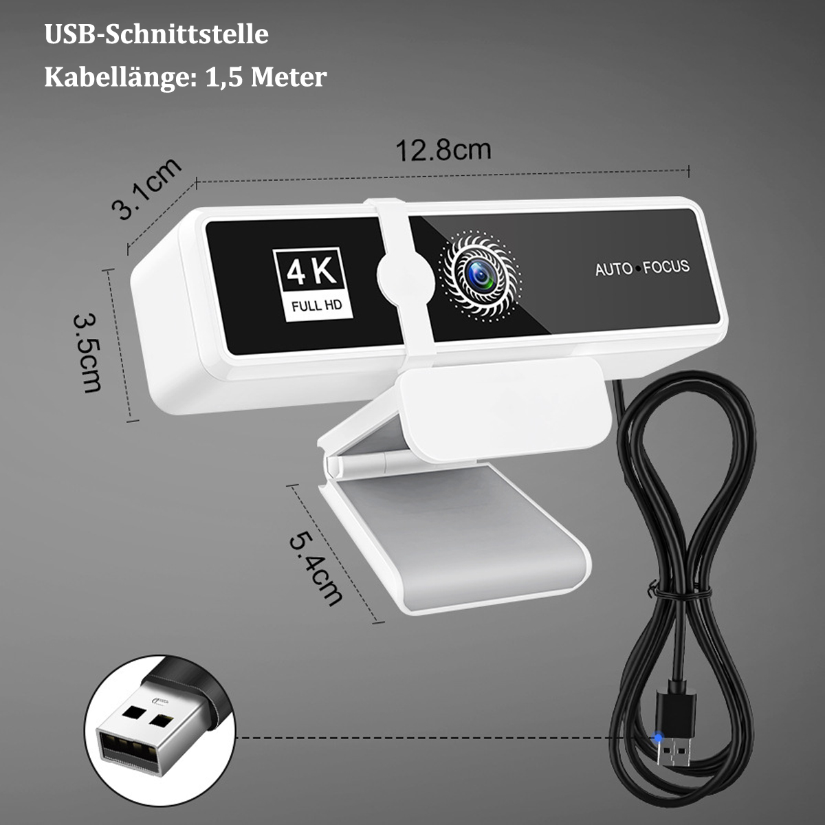 Weiße Webcam mit schwarzem Bildschirm und Kabel mit USB-Anschluss. Abmessungen sind angegeben.