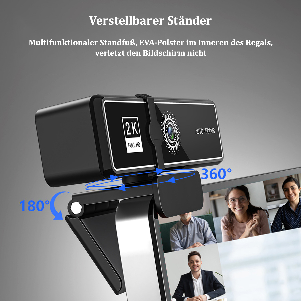 Schwarze Webcam auf verstellbarem Ständer, zeigt einen Videoanruf mit drei Personen, 360° und 180° Drehung.