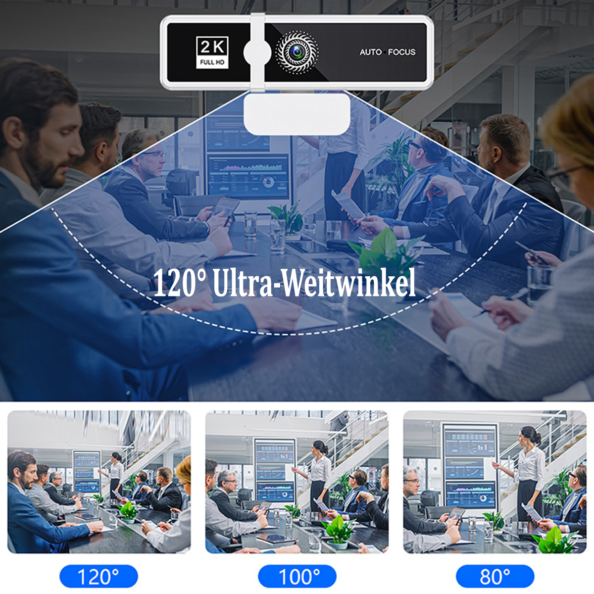 Webcam in Konferenz. Personen in einer Besprechung mit Weitwinkelansicht.