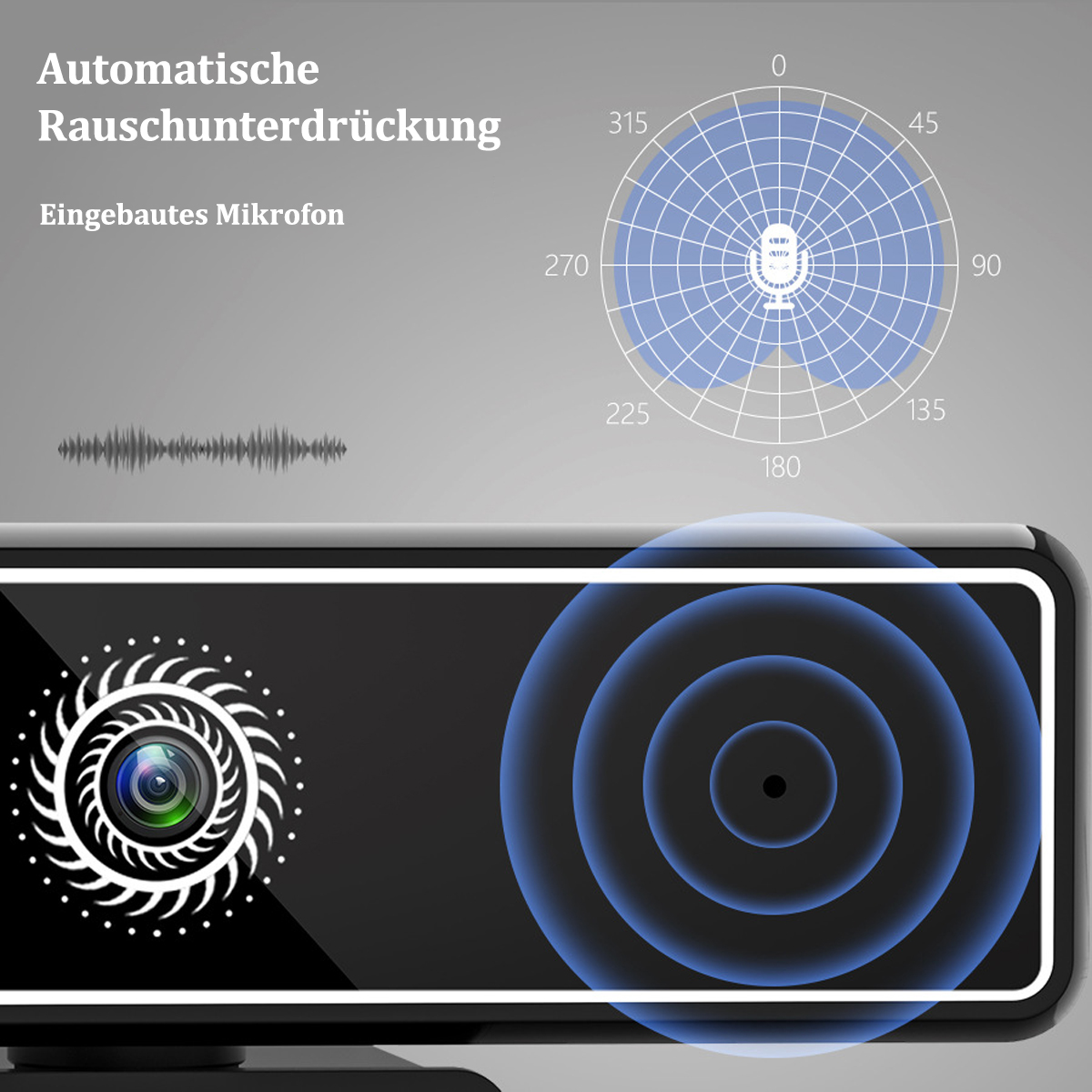 Webcam mit Mikrofon-Diagramm. Die Ansicht ist eine Nahaufnahme des Geräts.