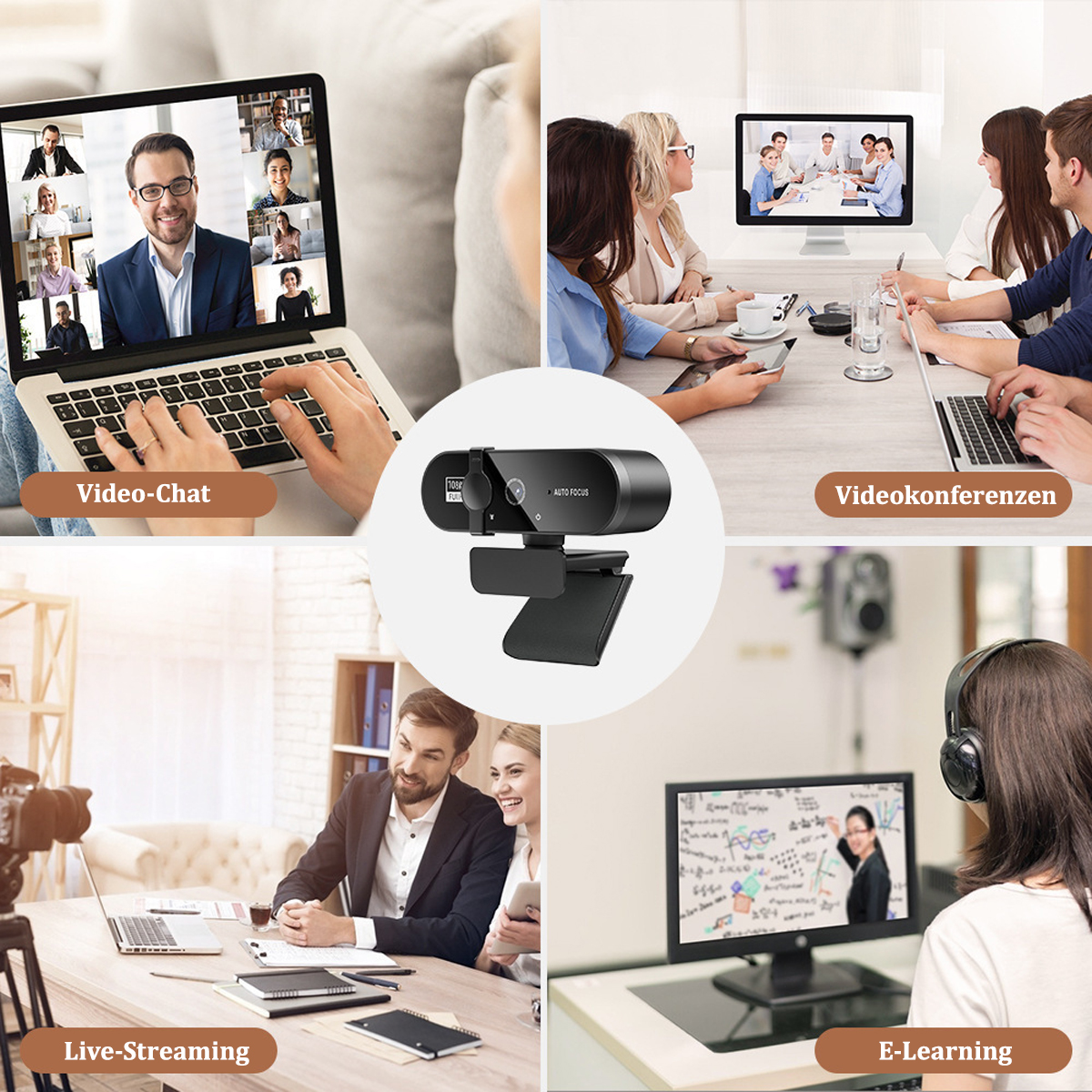 Collage von Menschen, die eine Webcam für Video-Chat, Konferenzen usw. verwenden.