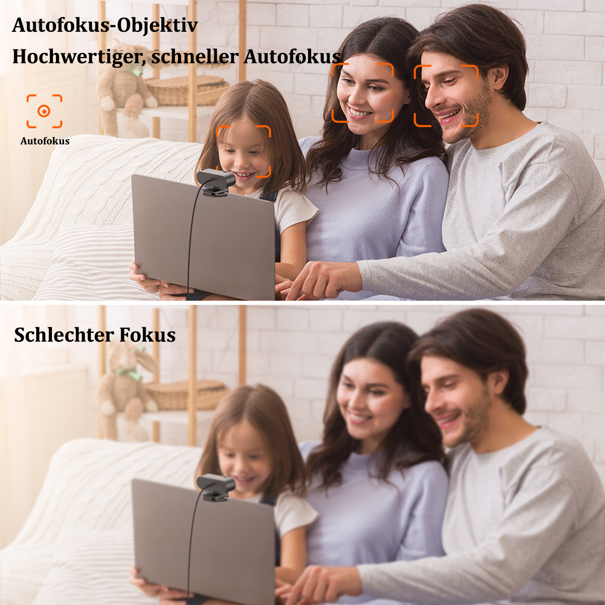 Zwei Bilder, eines fokussiert, eines unscharf, mit einer Familie in einem Videoanruf.