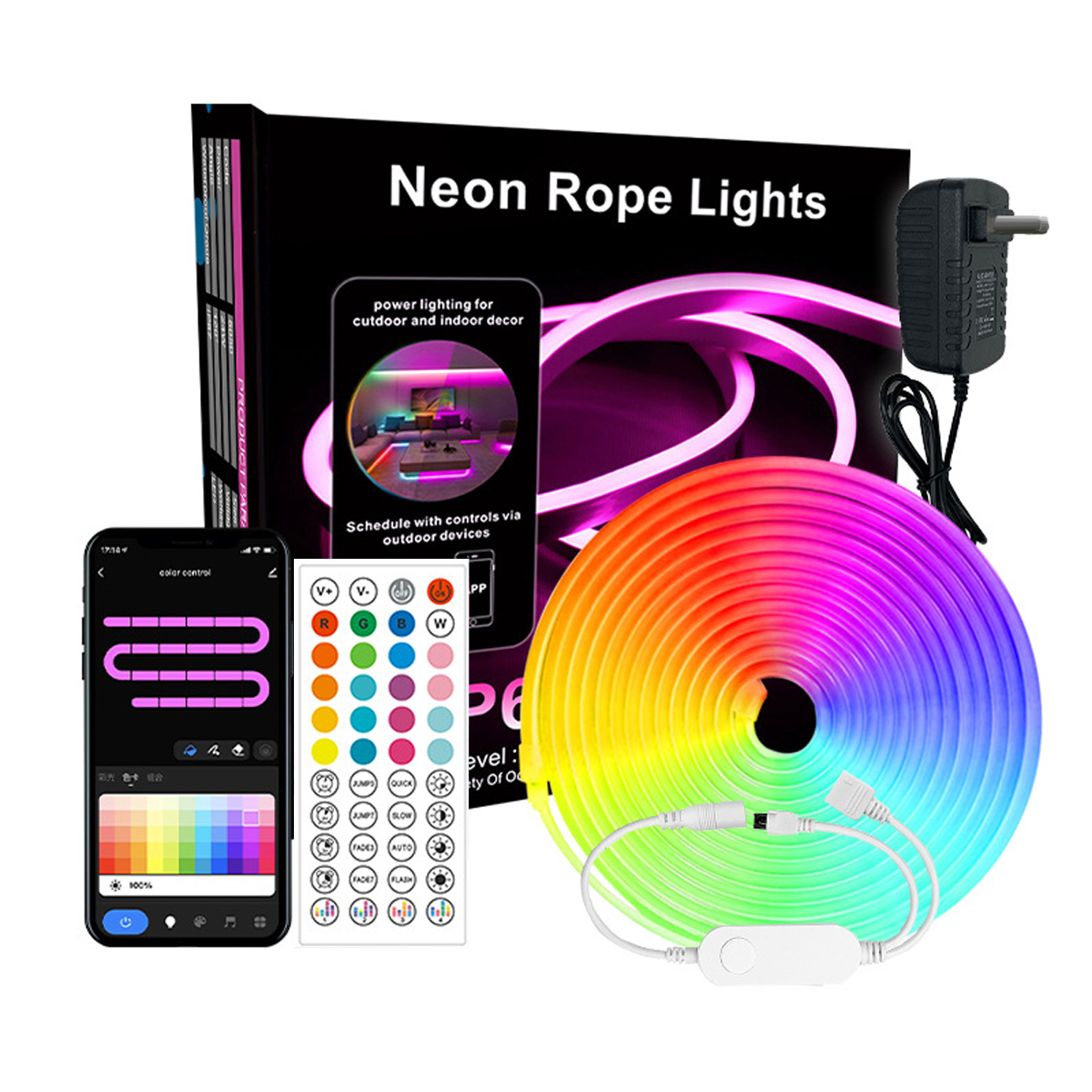 Ein Set aus Neon-Seillichtern, einer Steuerbox, einer Fernbedienung, einem Netzteil und einem Smartphone.