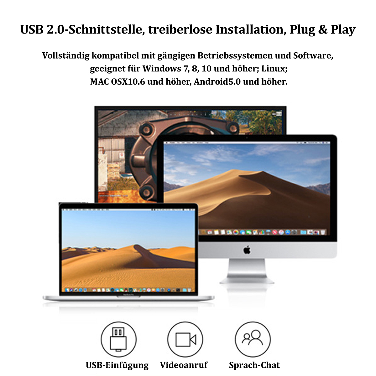 Drei Monitore, die eine Wüstenlandschaft anzeigen, mit USB-, Videoanruf- und Chat-Symbolen.