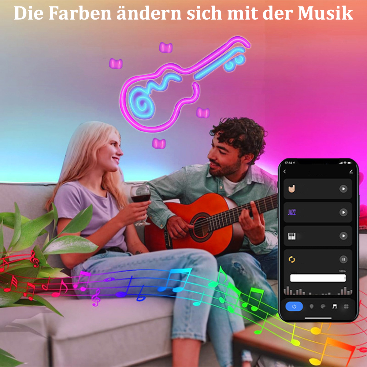 Paar mit Gitarre und Telefon, das eine Musik-App mit farbenfrohem Hintergrund zeigt.