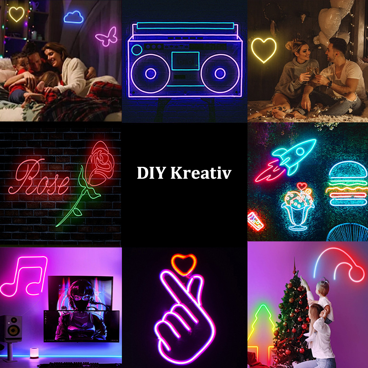 Eine Collage von neun Neon-Schildern in verschiedenen Formen, darunter Herz, Rose und Boombox. Schwarzer Hintergrund.