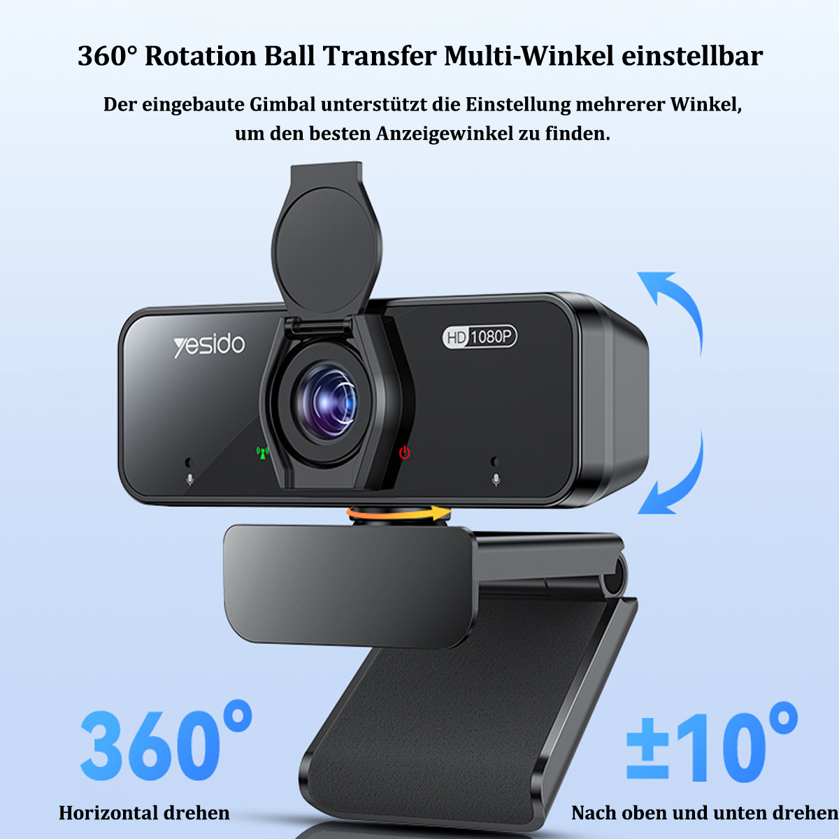 Schwarze Webcam mit verstellbarem Ständer. Text zeigt 360° Drehung und +/- 10° Neigung an.