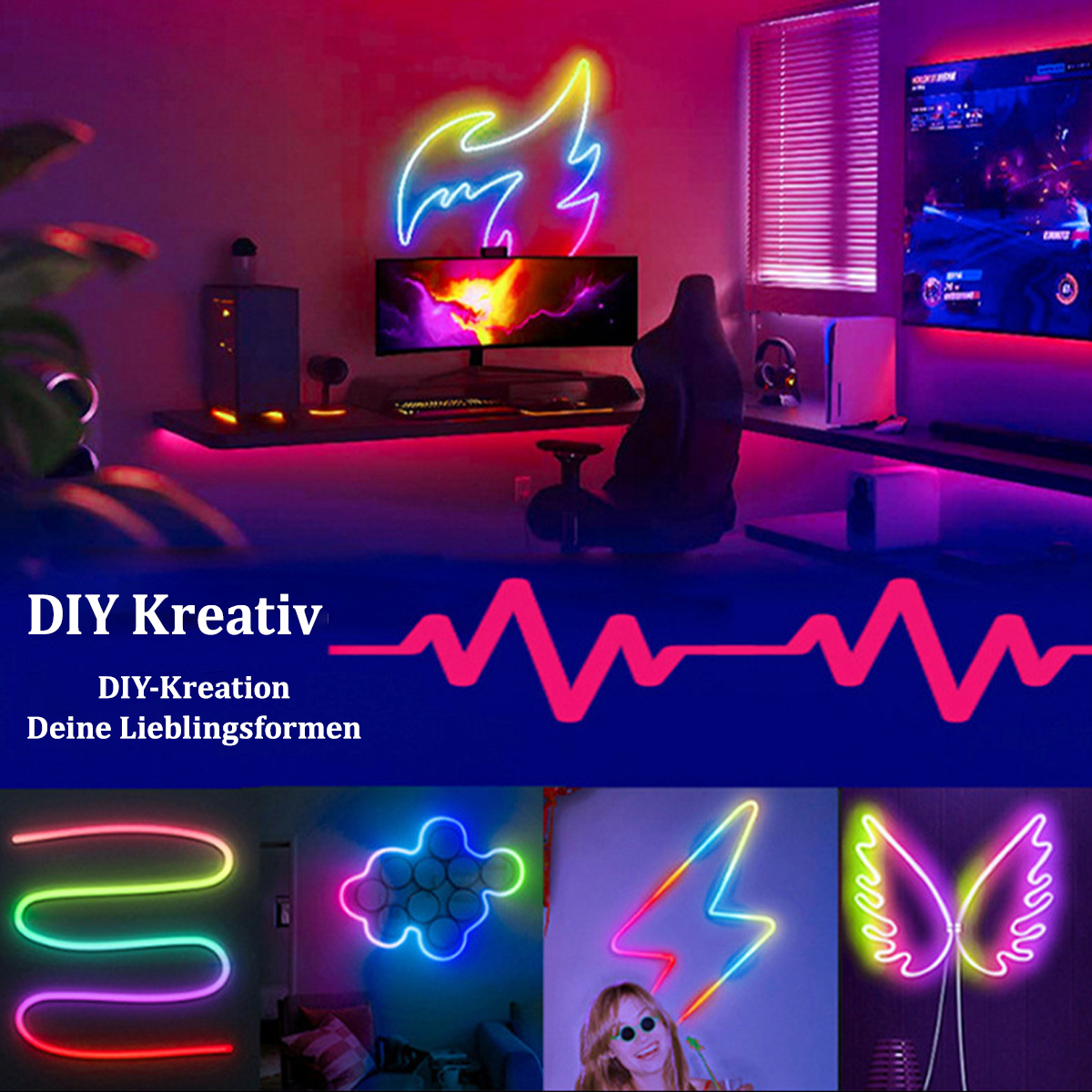 Ein Raum mit Neonzeichen. Die Zeichen umfassen eine Flamme, Wolke, Blitz und Flügel. Der Text lautet DIY Kreativ.