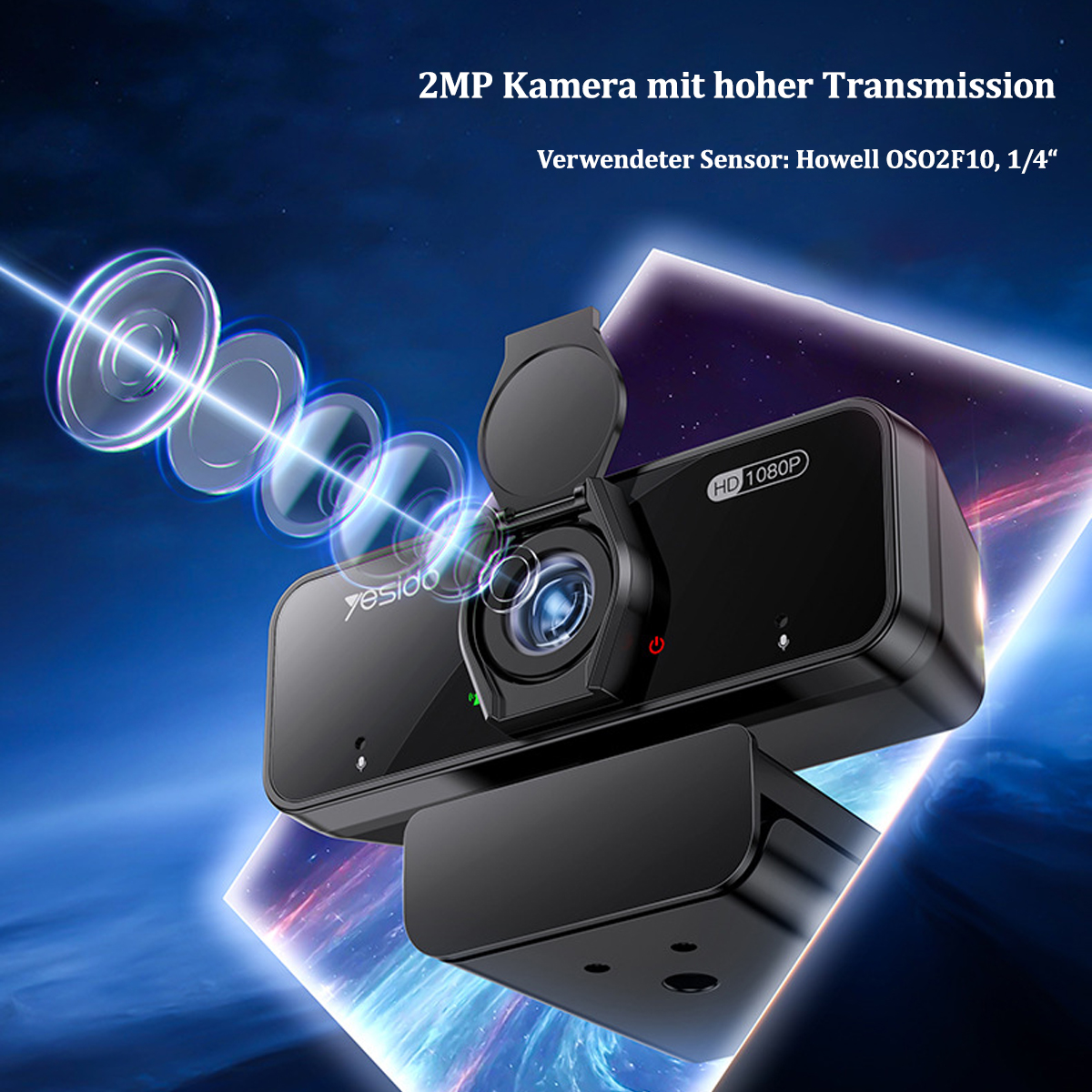 Schwarze Webcam mit Linse und Lichteffekten. Blau-weißer Hintergrund.