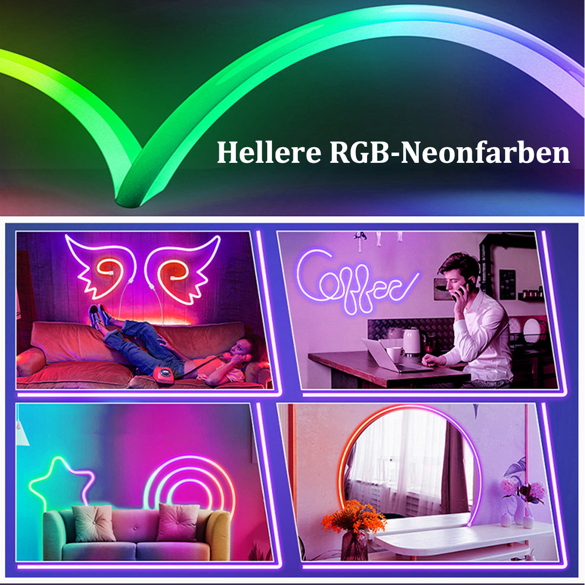 Neonlichter bilden Formen: Engelsflügel, das Wort 'Kaffee', ein Stern und ein Kreis. Lila Hintergrund.