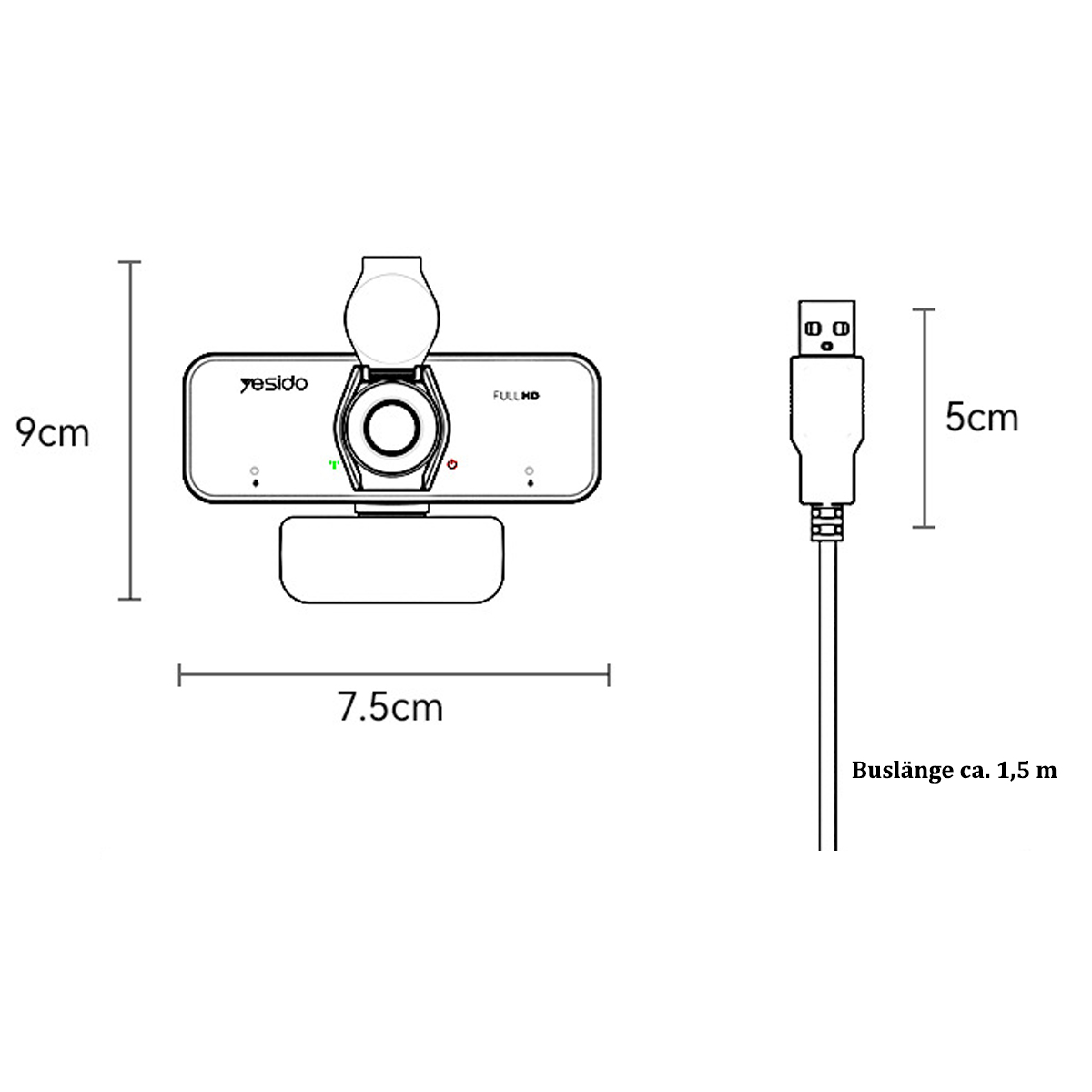 Eine Webcam mit Abmessungen und einem angeschlossenen USB-Kabel.