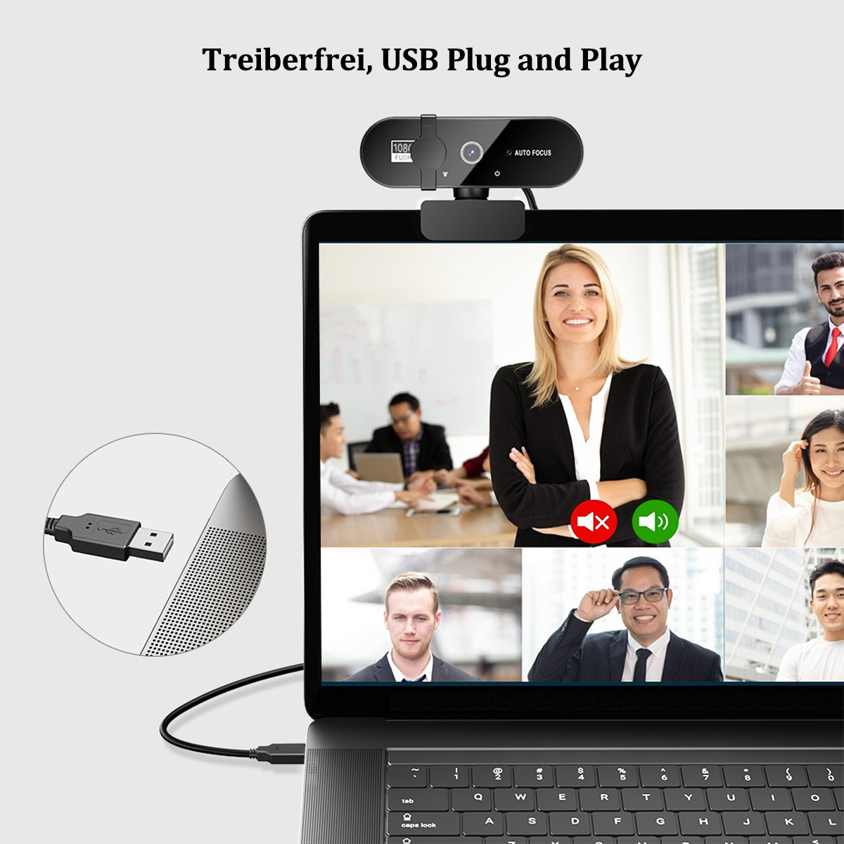 Ein Laptop mit Webcam. Videoanruf mit Personen auf dem Bildschirm und USB-Kabel.