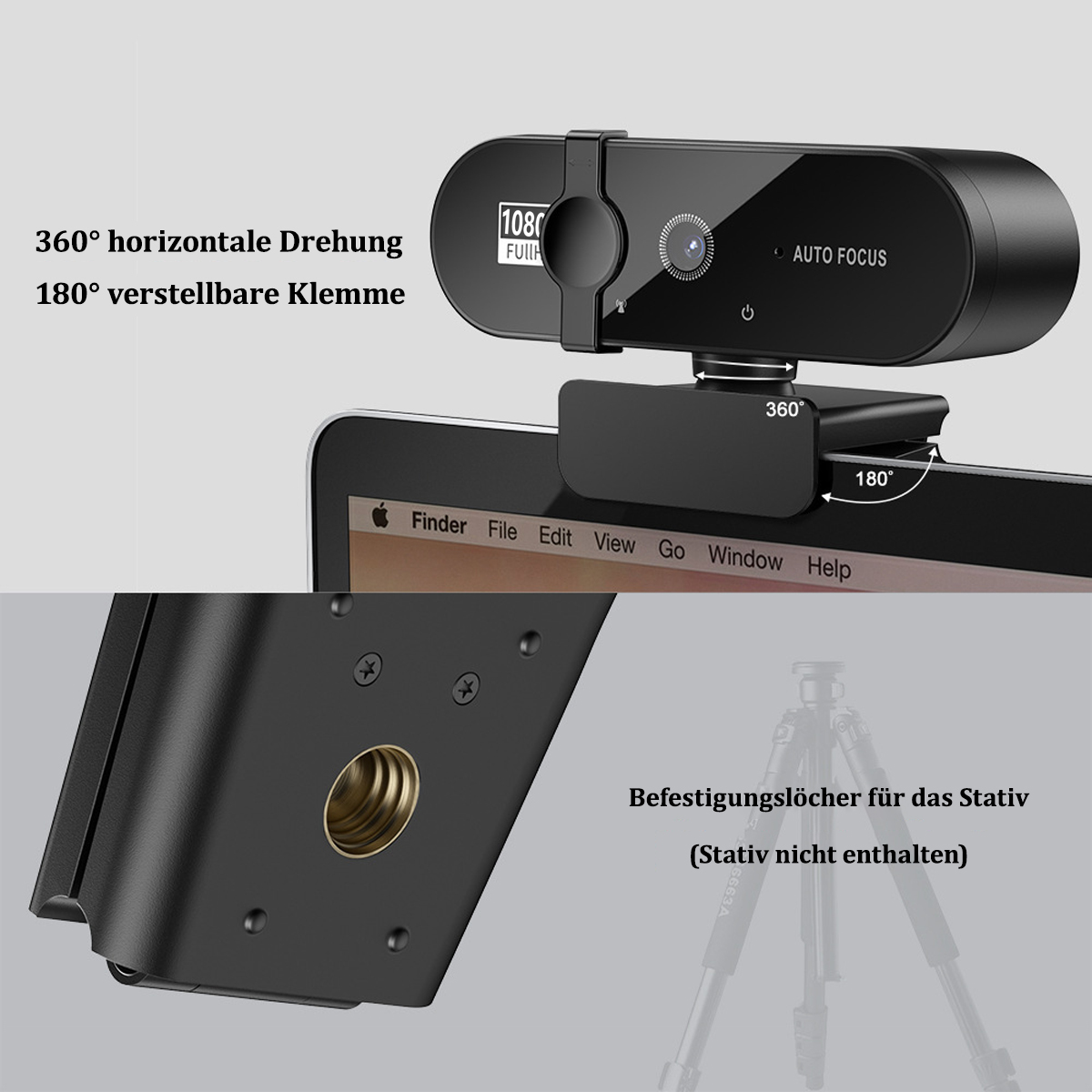 Eine Webcam auf einem Laptop. Zeigt 360° und 180° Einstellwinkel. Eine Stativhalterung wird ebenfalls gezeigt.