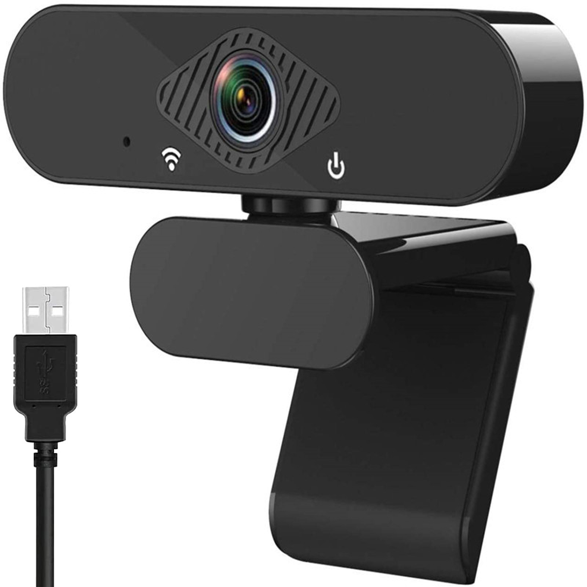Schwarze Webcam mit USB-Kabel. Sie hat eine Linse, ein Mikrofon und einen Ein/Aus-Schalter.