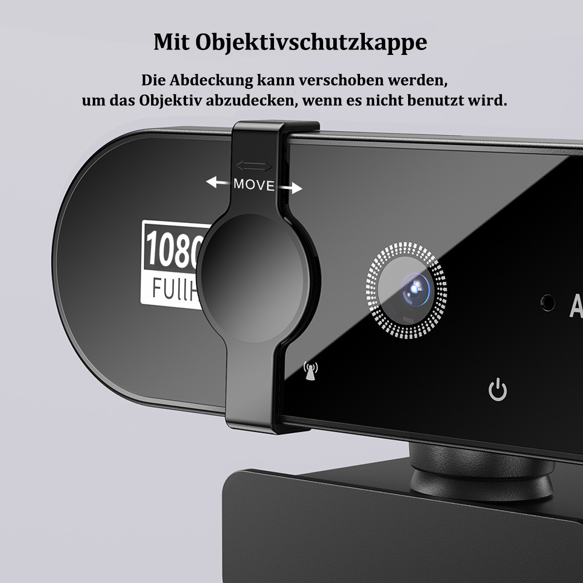 Webcam mit verschiebbarer Objektivabdeckung. Schwarzes Gerät auf einem Ständer.