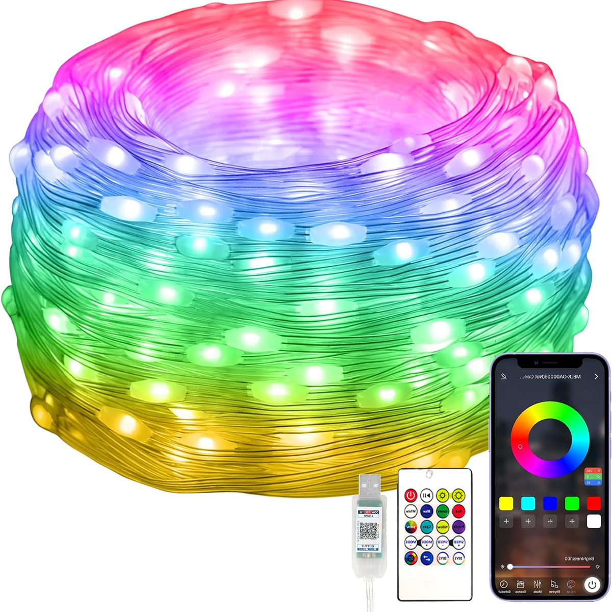 Eine Rolle mehrfarbiger LED-Lichterketten mit Fernbedienung und einem Telefon, das Farboptionen anzeigt.