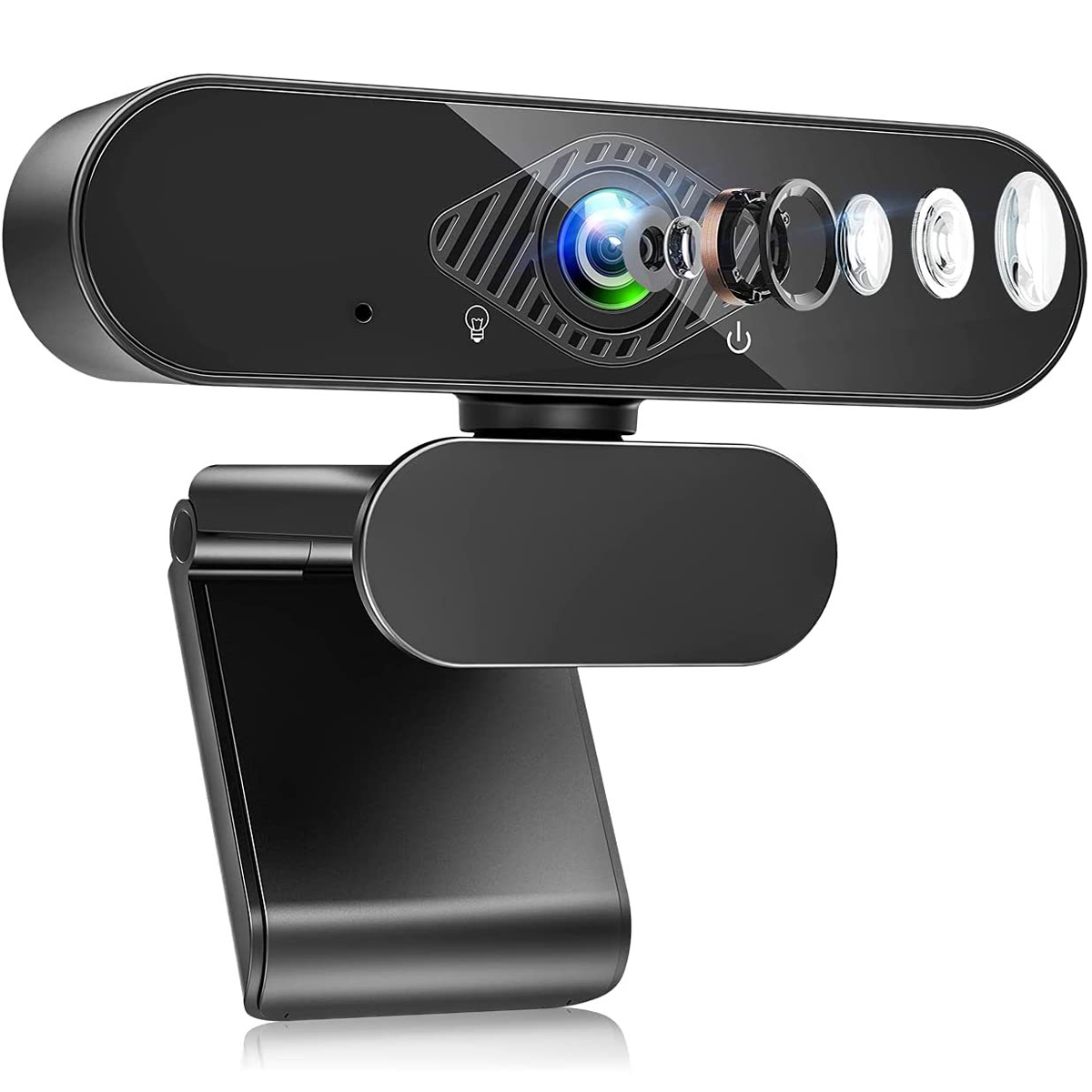 Schwarze Webcam mit mehreren Linsen, montiert auf einem schwarzen Ständer.