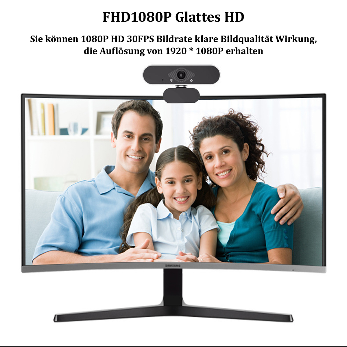 Eine Familie ist auf einem gebogenen Monitor zu sehen. Oben ist eine Webcam befestigt.