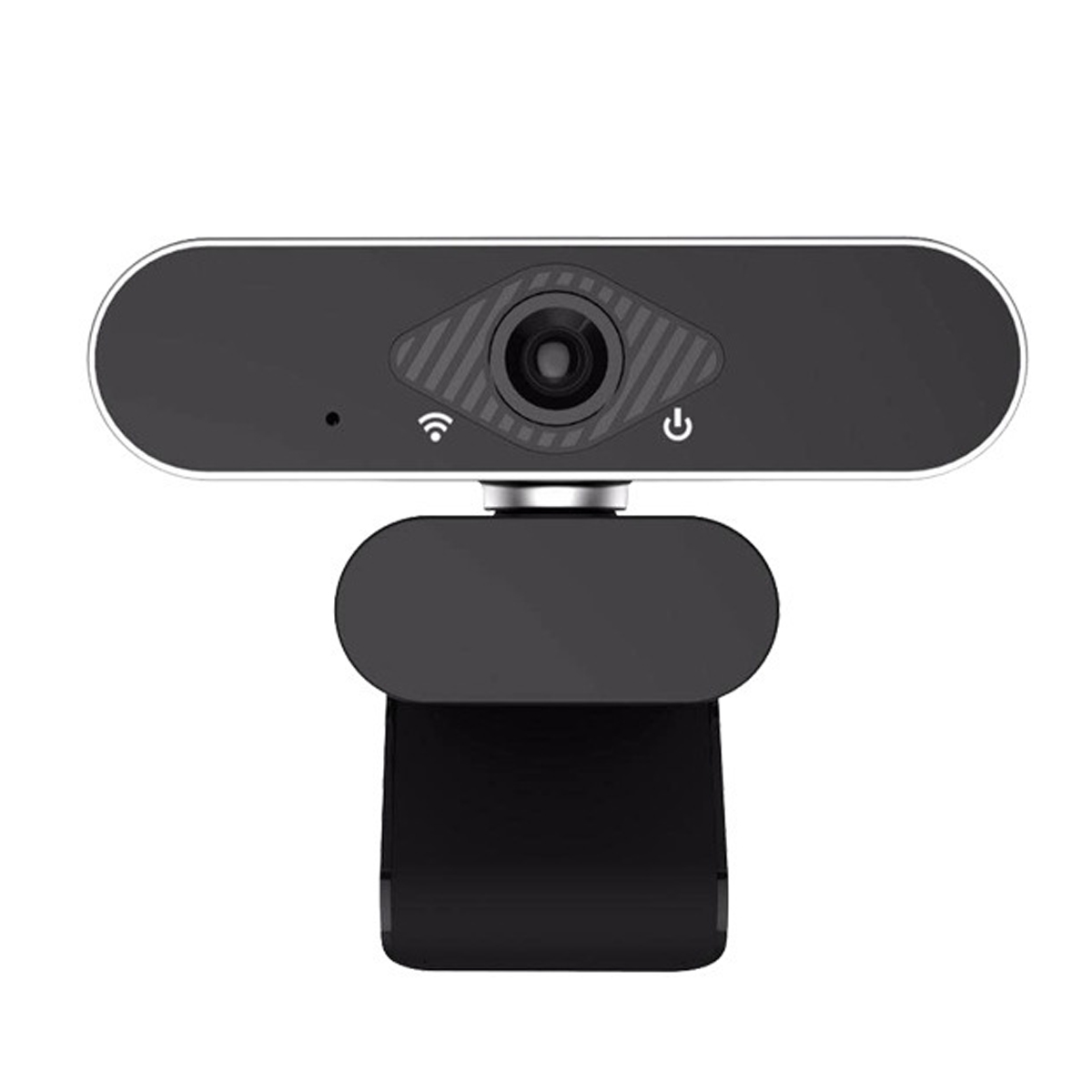 Eine schwarze Webcam mit eingebautem Mikrofon und einer Strom- und WLAN-Anzeige.