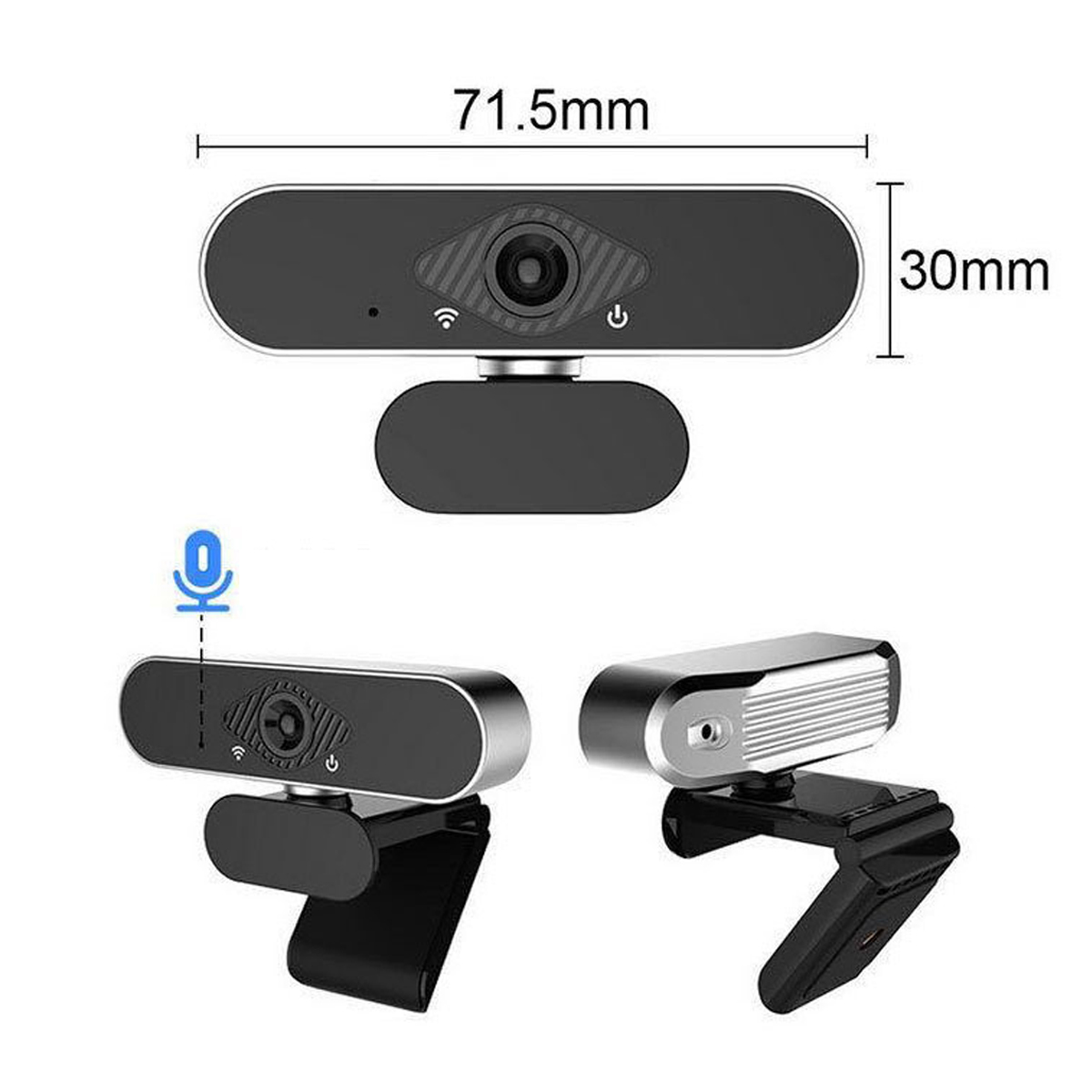 Webcam mit angegebenen Abmessungen, drei verschiedene Winkel der Webcam, weißer Hintergrund.