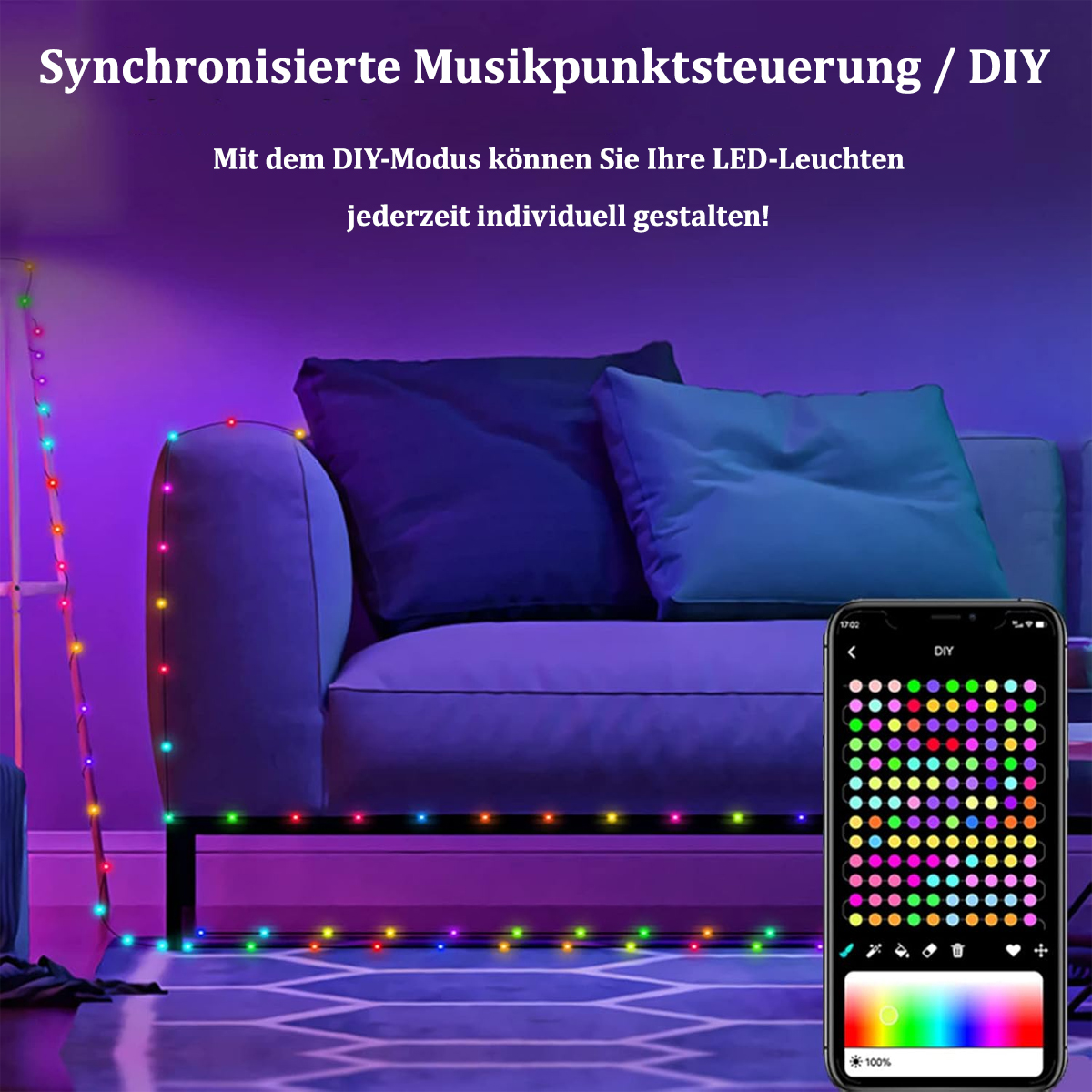 Zimmer mit LED-Leuchten auf Sofa und Boden. Lila, Blau und Grün. Telefon mit Farbpalette.