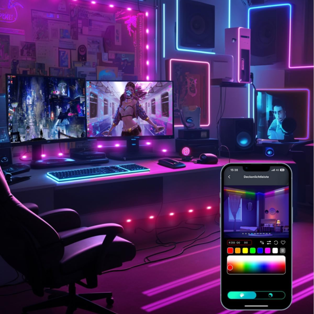 Ein Gaming-Setup mit mehreren Monitoren und LED-Leuchten. Ein Telefon zeigt eine App zur Farbsteuerung.