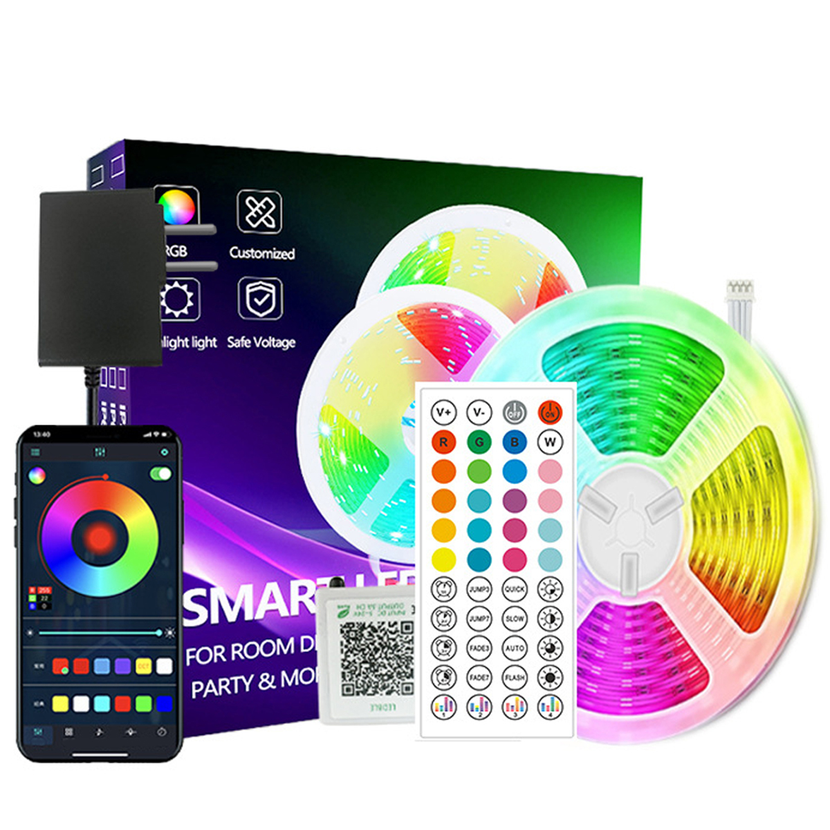 LED-Lichtstreifen-Kit mit Smartphone, Fernbedienung und bunter Lichtbox.