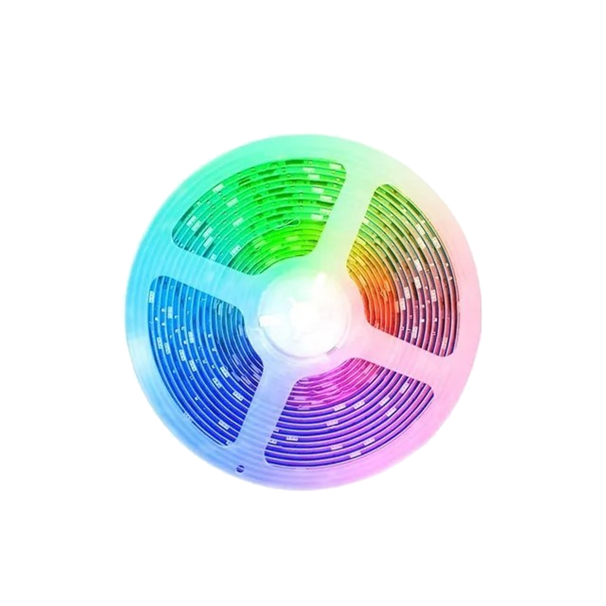 Eine Rolle bunter LED-Streifenlichter, die in verschiedenen Farben leuchten.