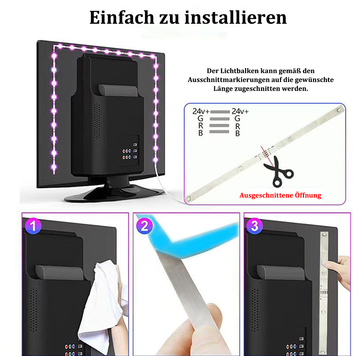 TV mit LED-Streifen-Installationsanleitung, die Schneide-, Reinigungs- und Anwendungsschritte zeigt.