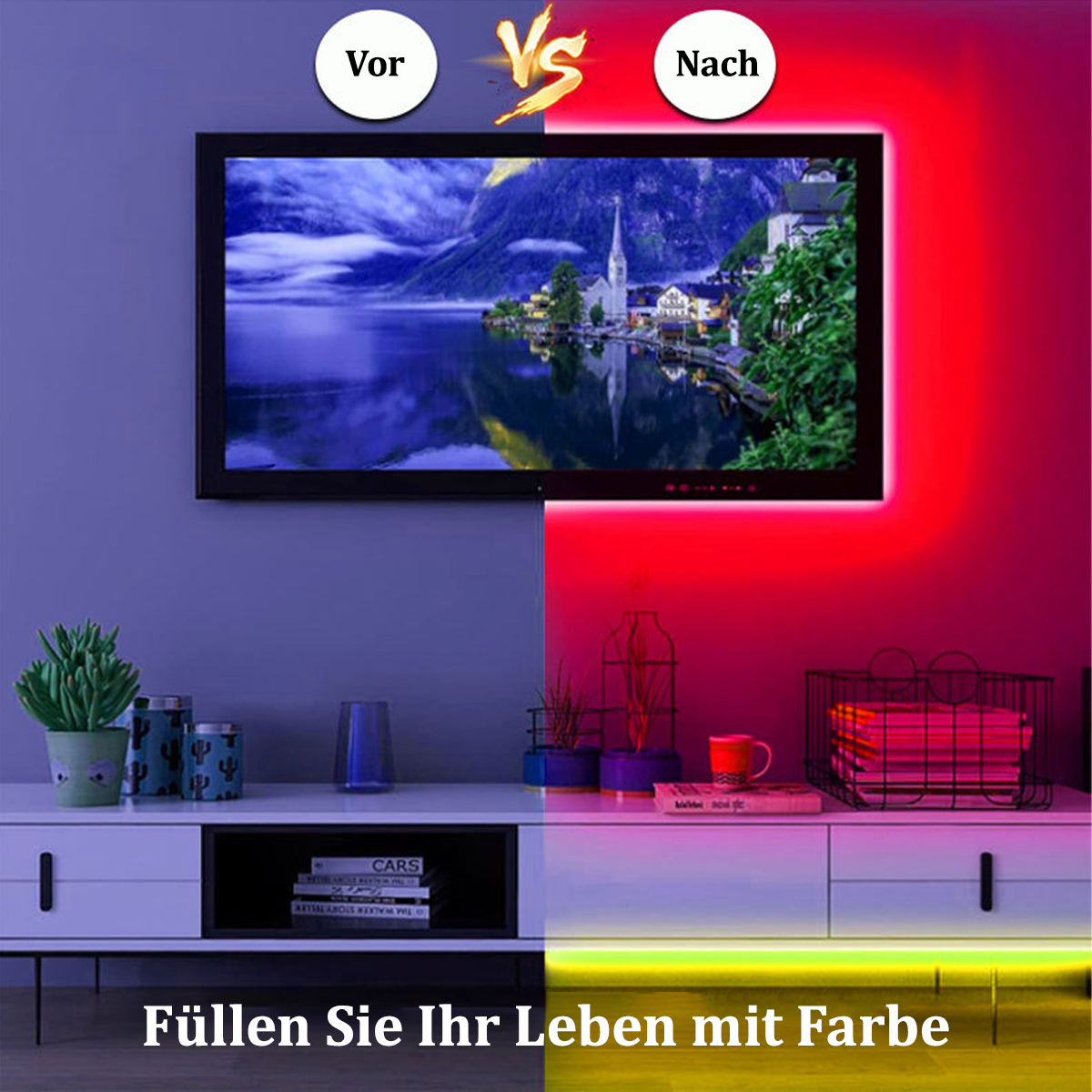 Geteiltes Bild: Linke Seite zeigt blauen Raum, rechte Seite roten Raum. Fernseher und Möbel. Text: Erfülle dein Leben mit Farbe.