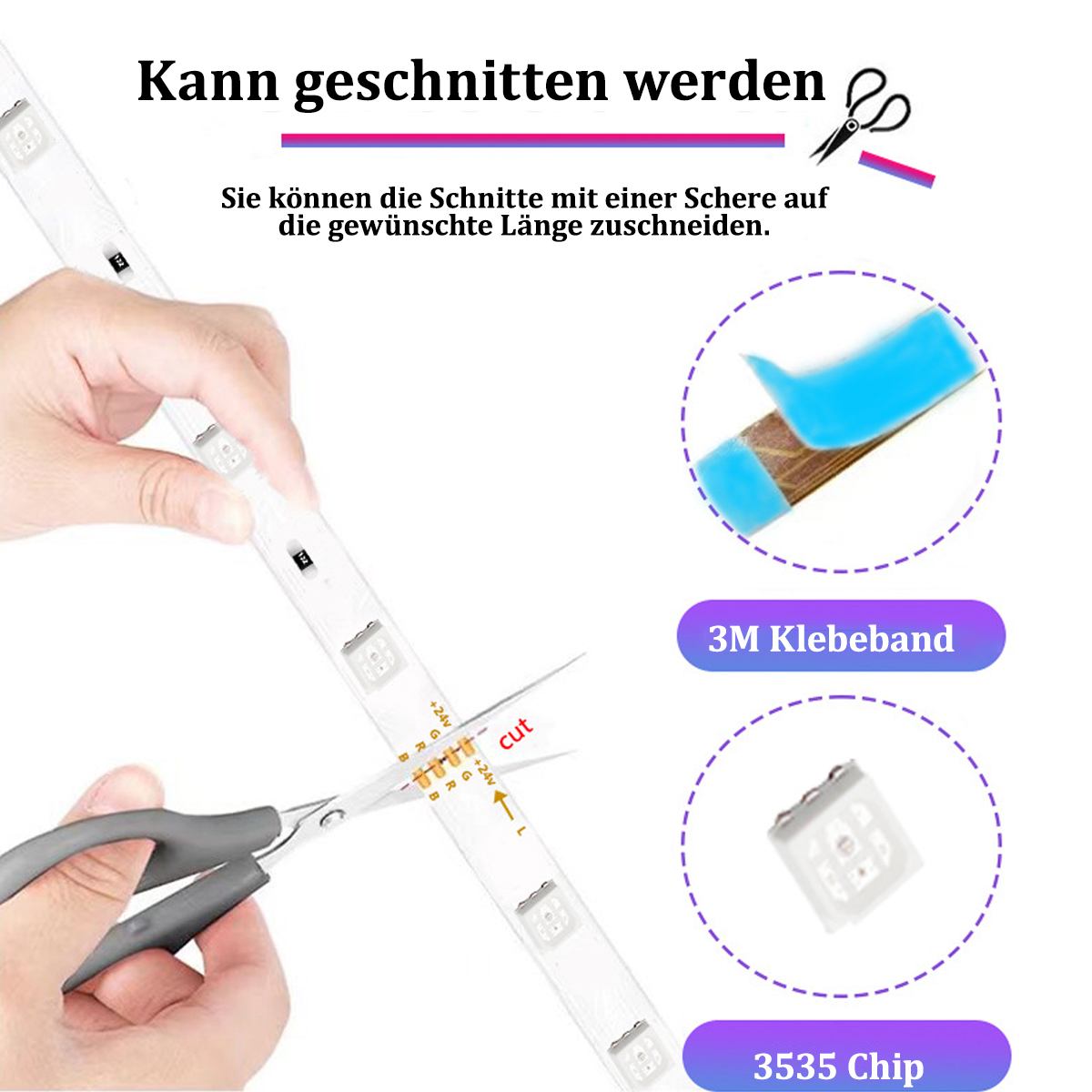 Eine Person schneidet einen LED-Streifen, neben einem 3M-Klebstoff und einem 3535-Chip.