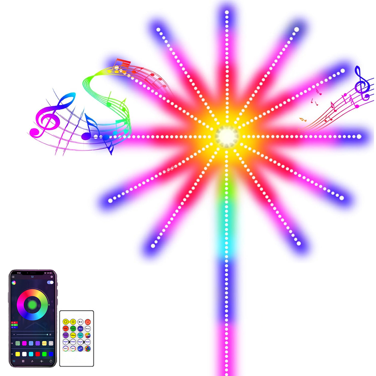 Farbenfrohe Lichtanzeige mit Noten, Smartphone und Fernbedienung. Sternförmiges Design.