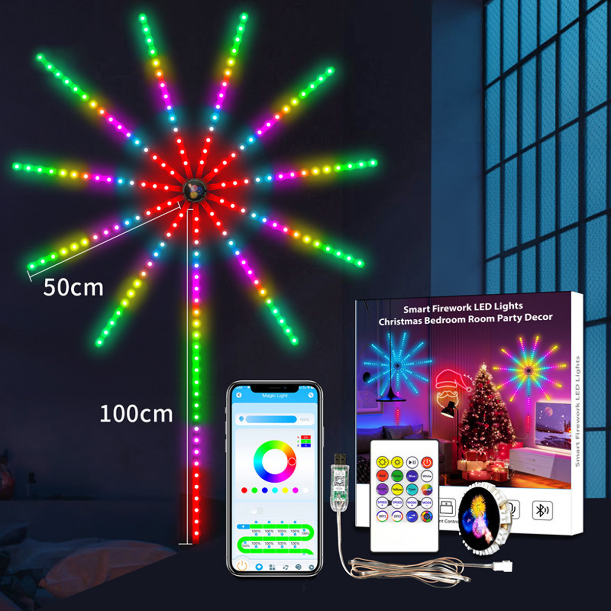 Eine farbenfrohe LED-Lichtanzeige mit Smartphone und Fernbedienung. Die Lichter sind wie ein Feuerwerk geformt.